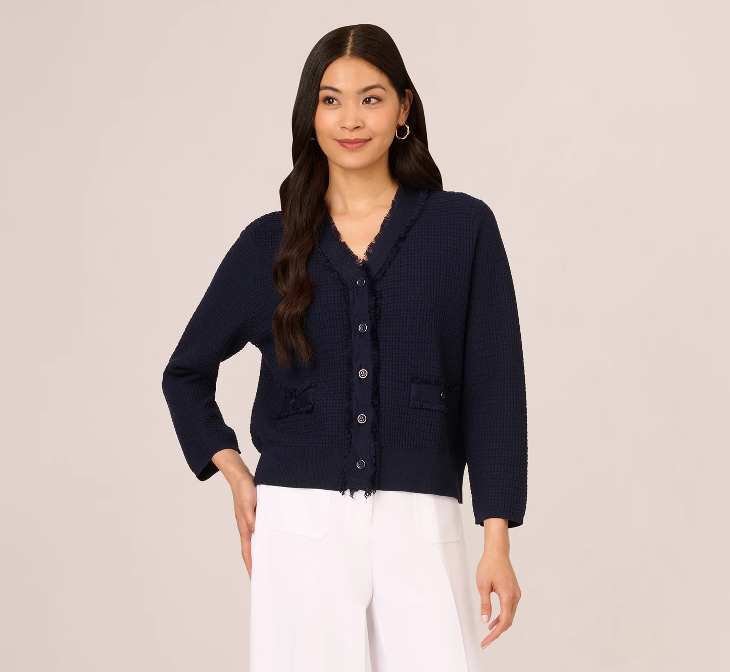 Waffle Knit Cardigan Sweater With Frayed Edges In Blue Moon