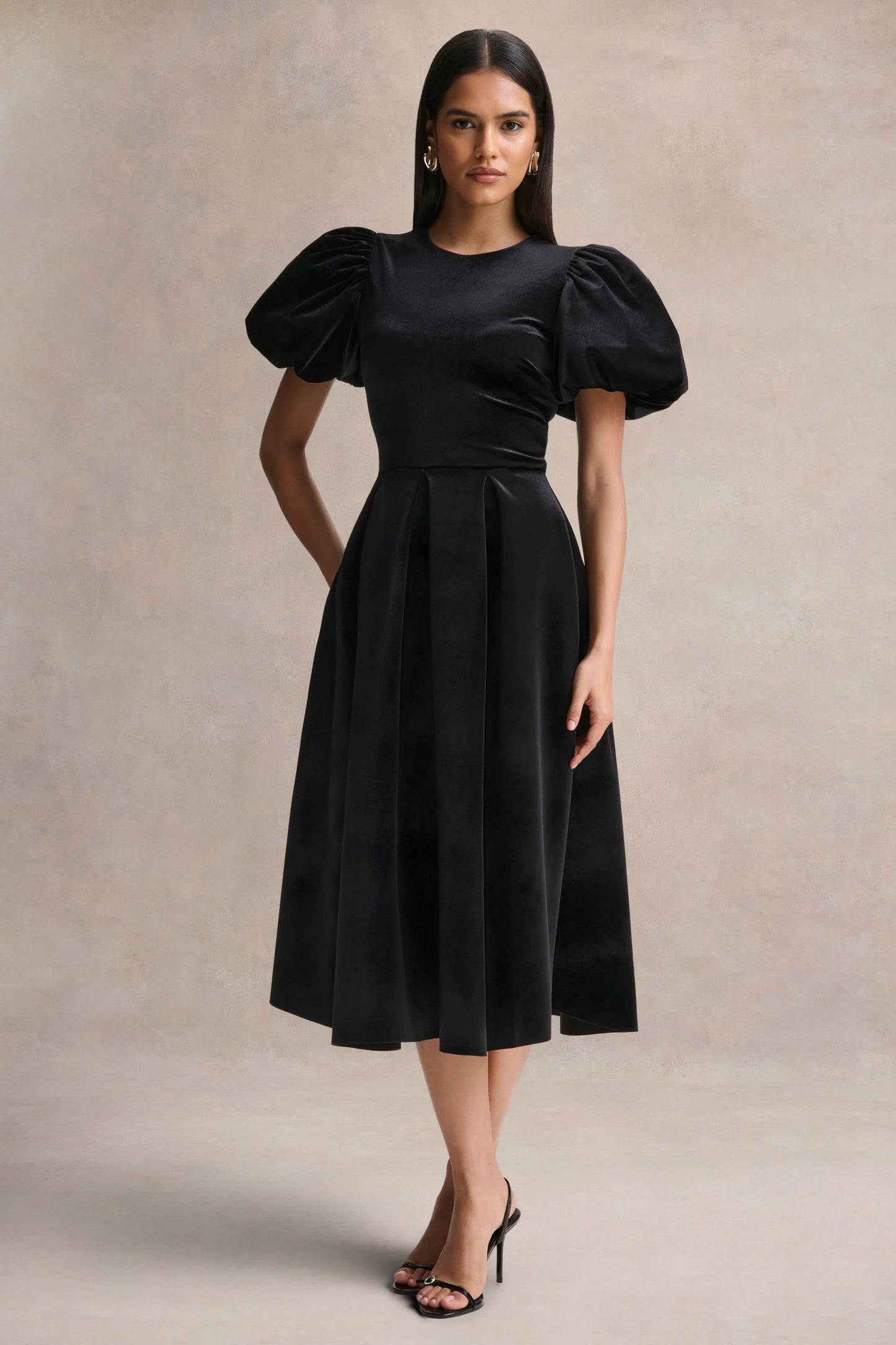 Seraphic Black Velvet Puff-Sleeve Midi Dress