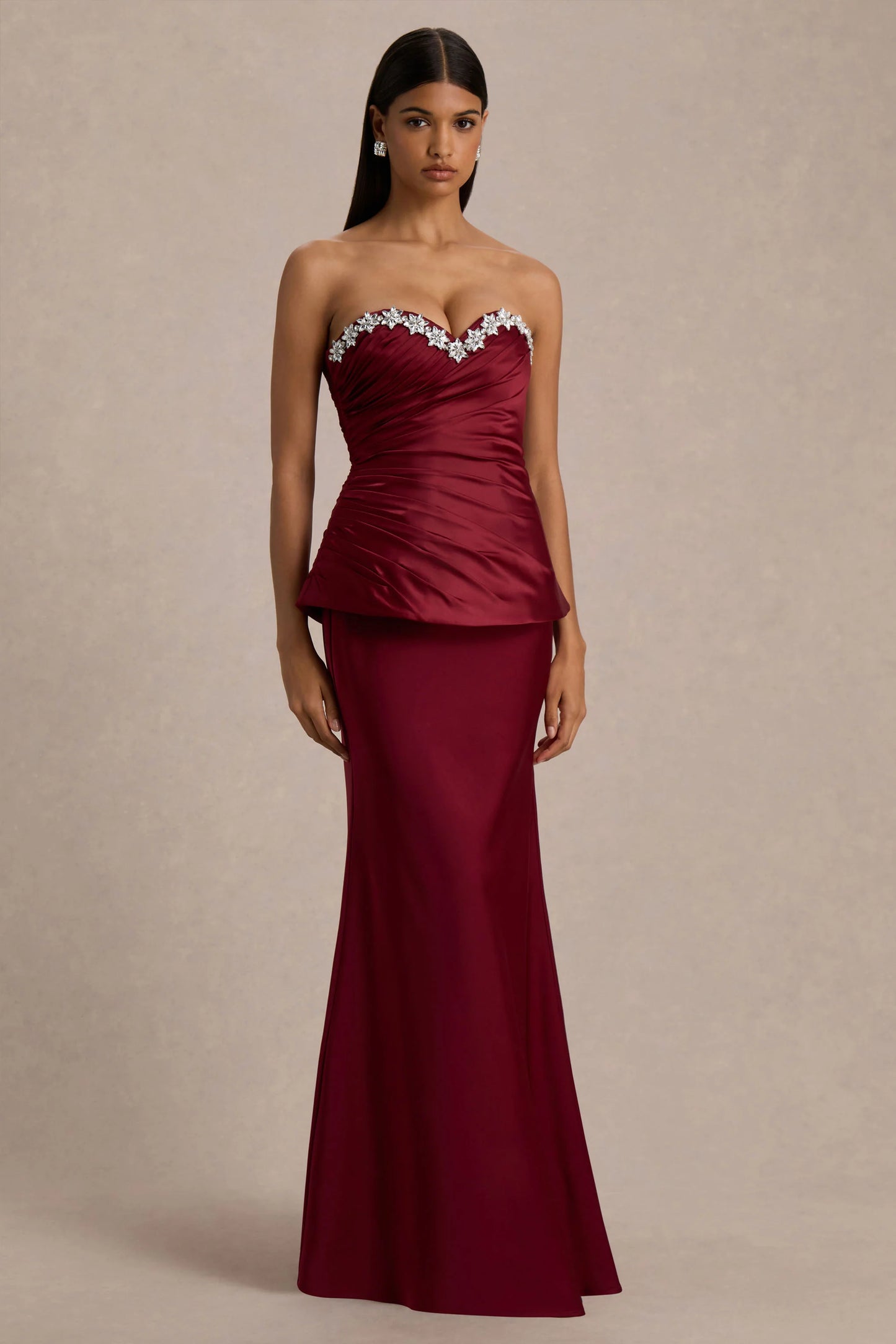 Milia Burgundy Satin Hand-Embellished Strapless Corset Maxi Dress