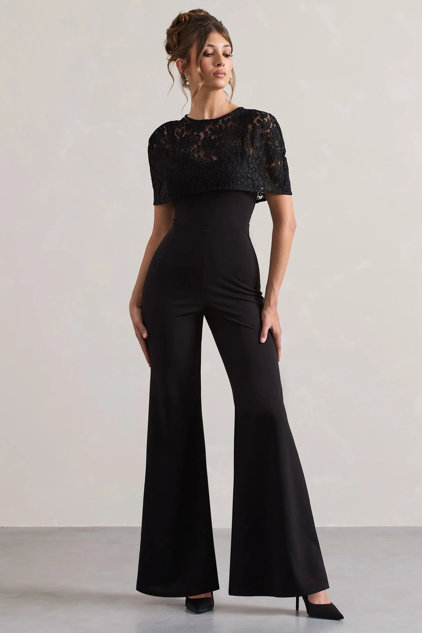Endless Black Flared-Leg Jumpsuit With Lace Overlay