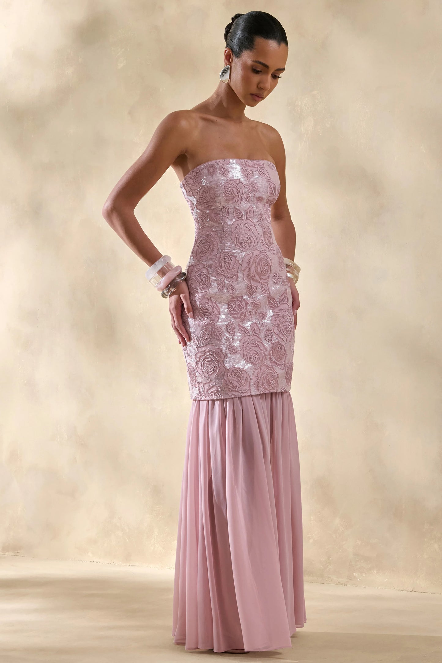 Meraly Pink Sequin Bandeau Maxi Dress With Scarf-Detail