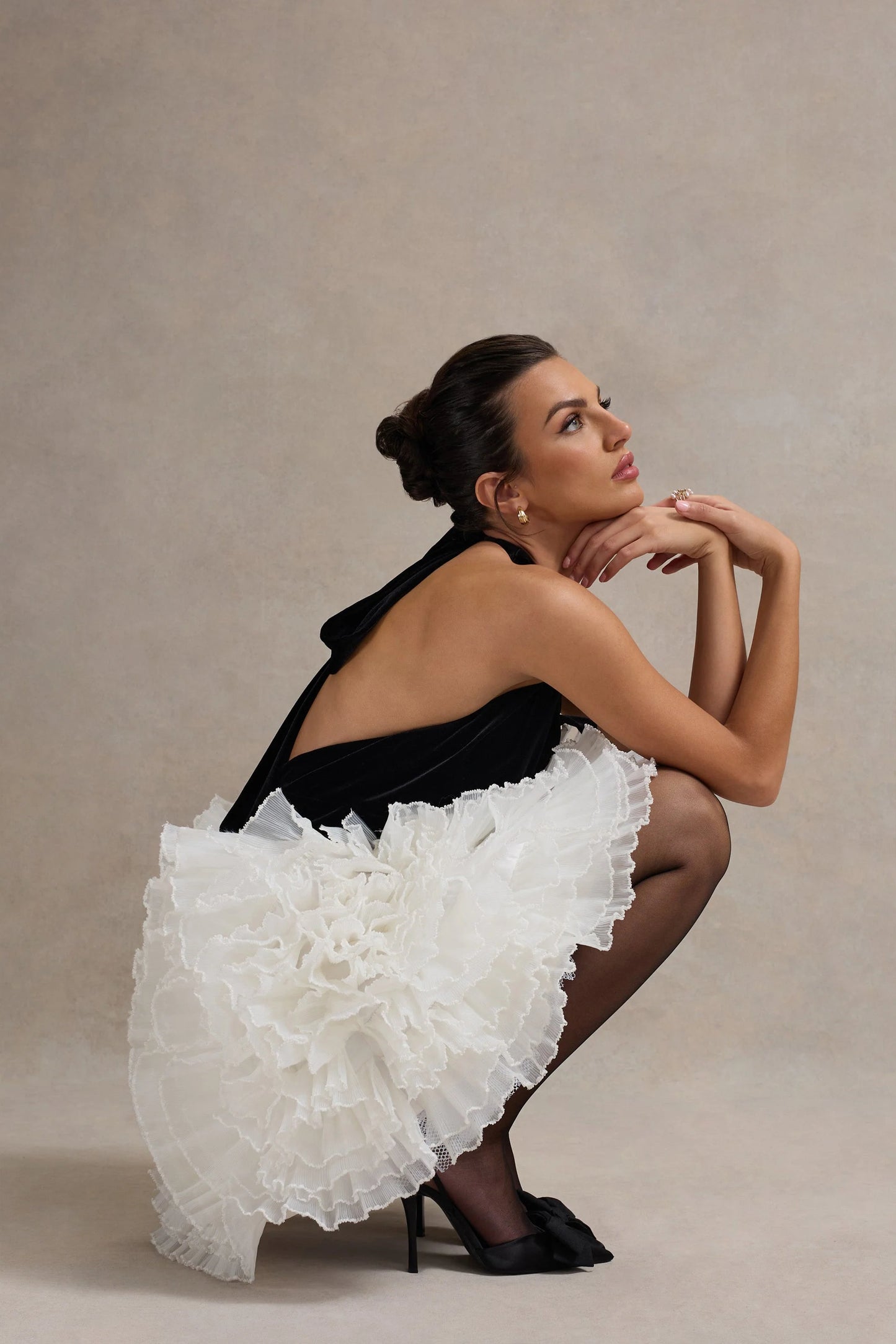 Meringue Black Velvet Plunge-Neck Mini Dress With Tulle Skirt