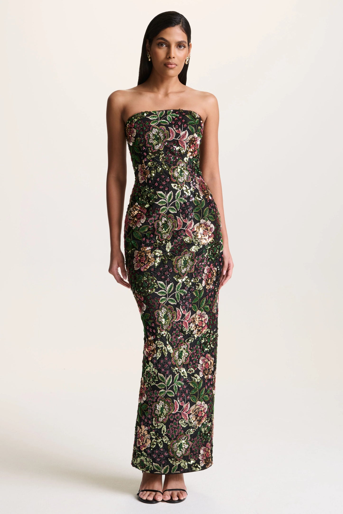 Cora Winter Floral Embellished Mesh Bandeau Maxi Dress With Scarf