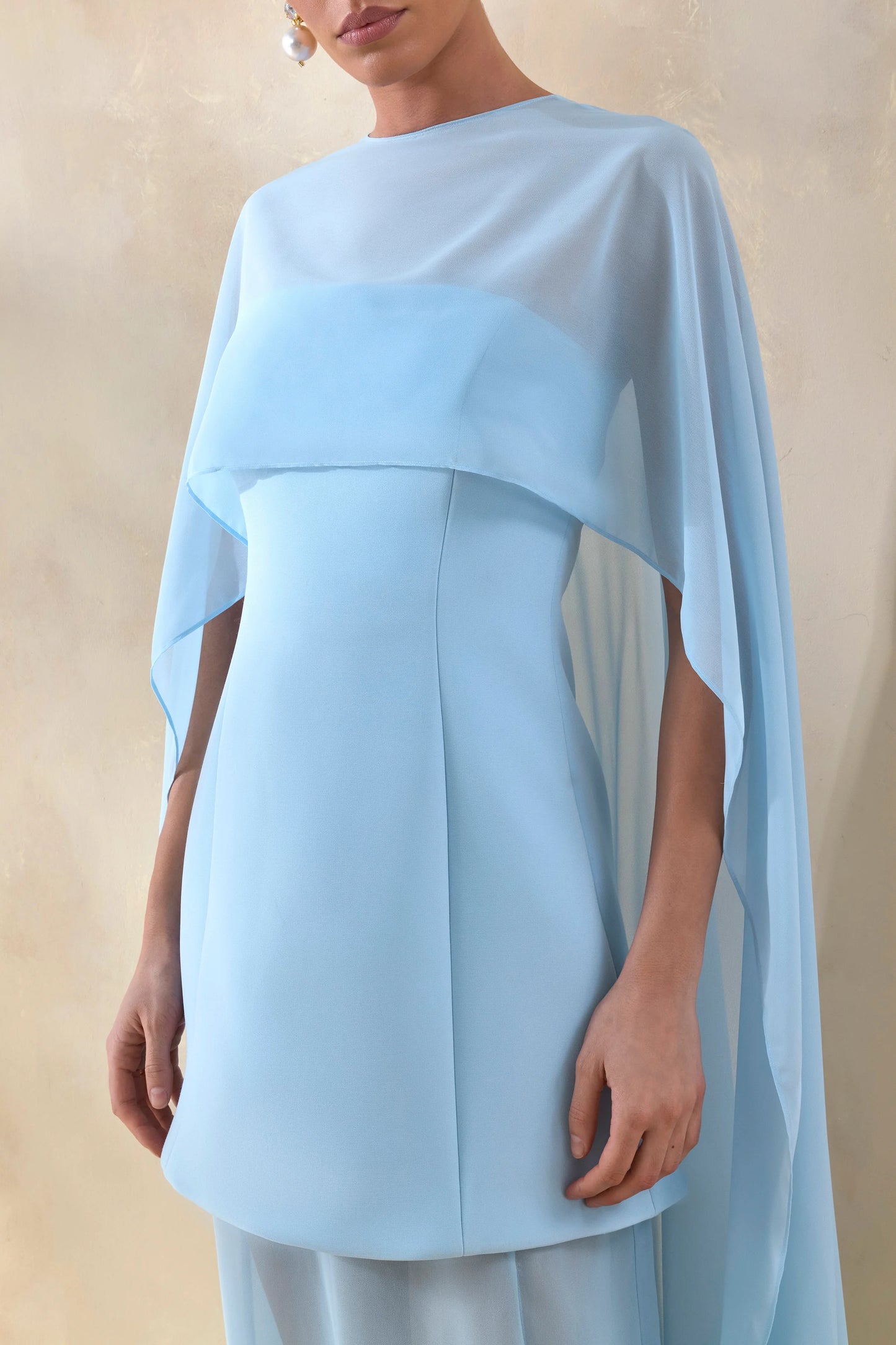 Chessa Powder Blue Boat-Neck Maxi Dress With Sheer Cape