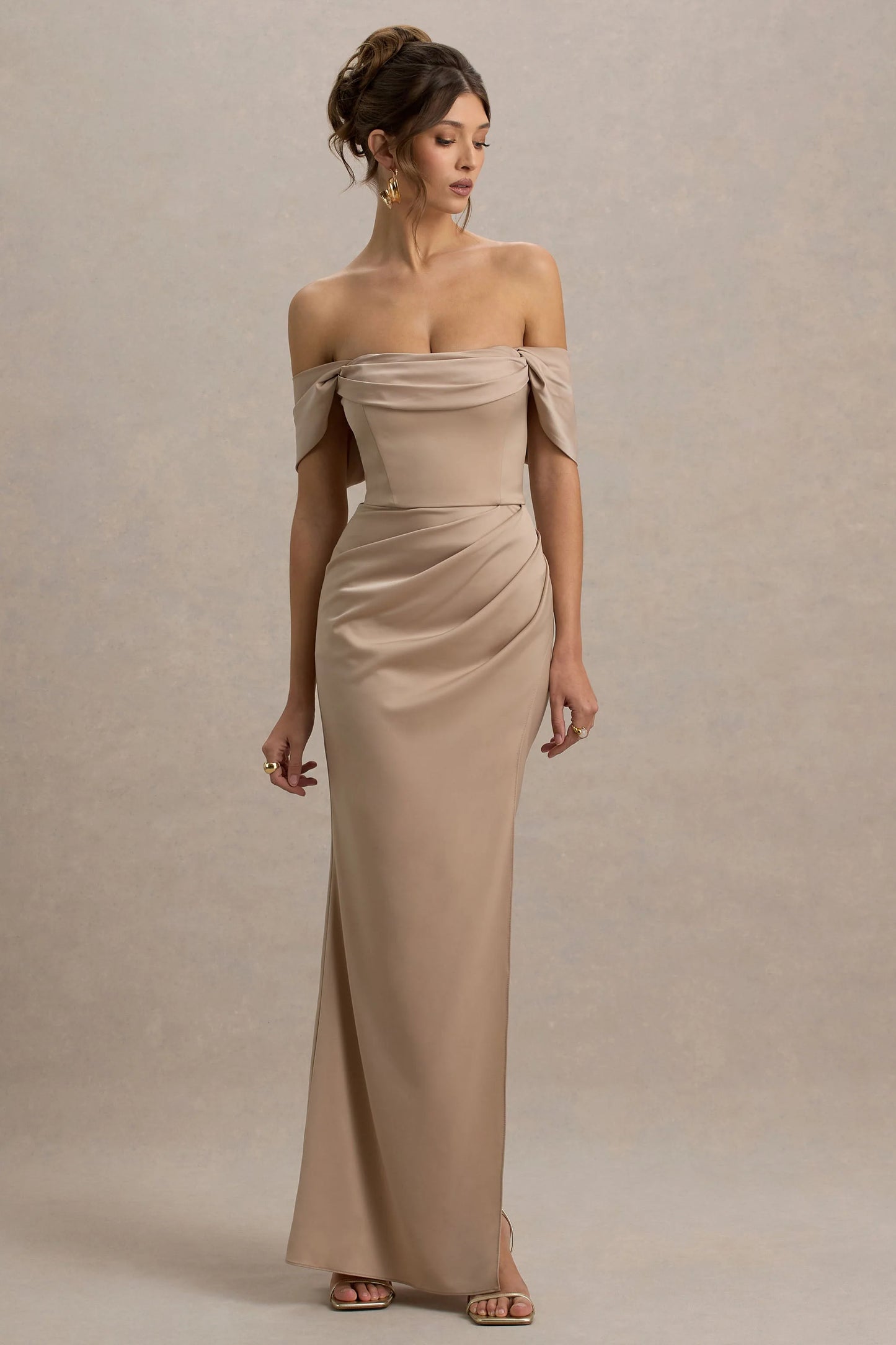Annie Champagne Satin Bardot Maxi Dress With Split Wrap Skirt