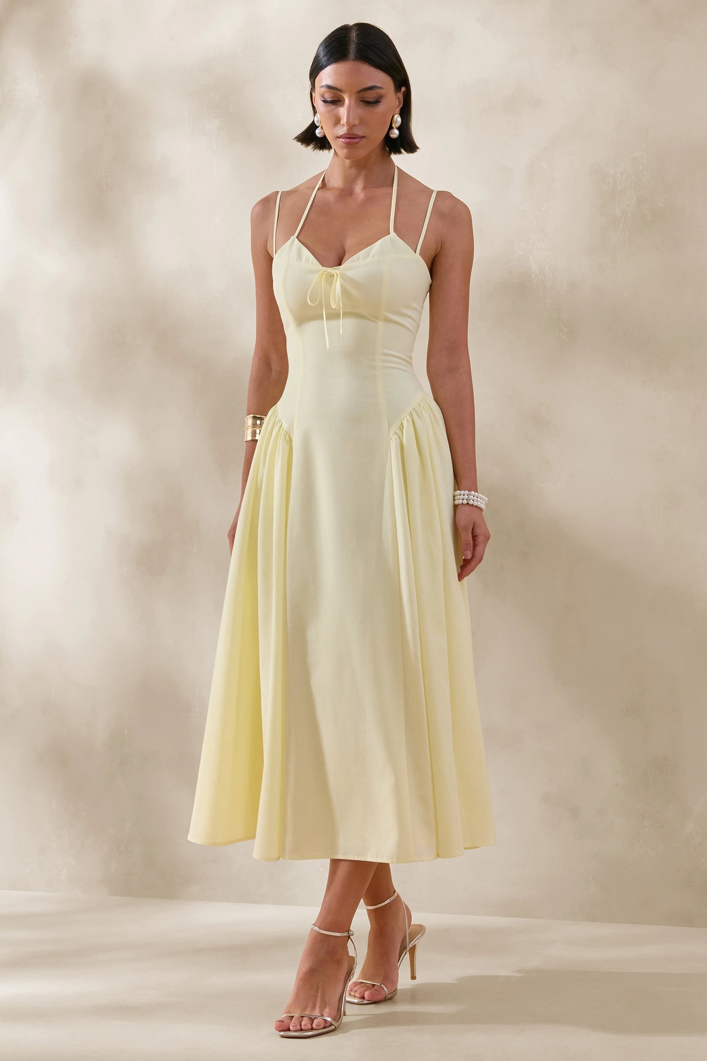 Audrey Lemon Sweetheart-Neck Midi Dress With Ruching Detail