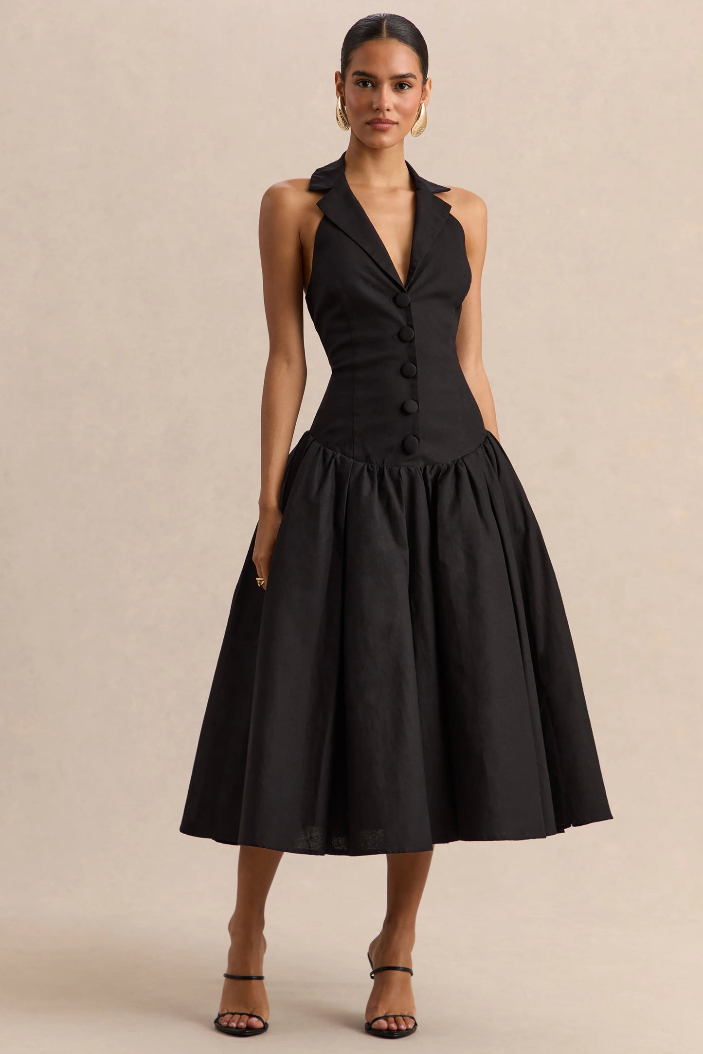 Ella Black Plunge-Neck Midi Dress With Drop-Waist