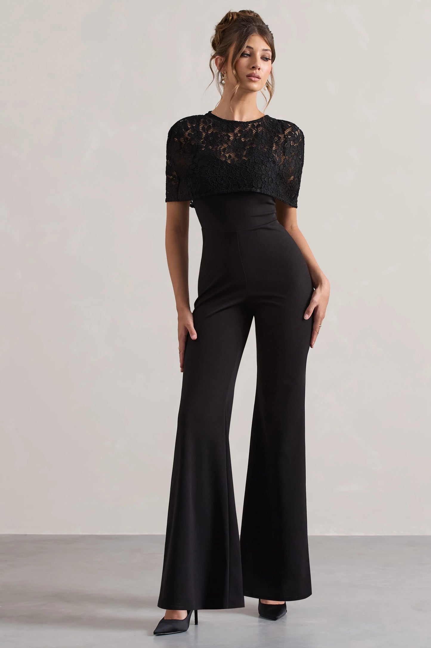 Endless Black Flared-Leg Jumpsuit With Lace Overlay