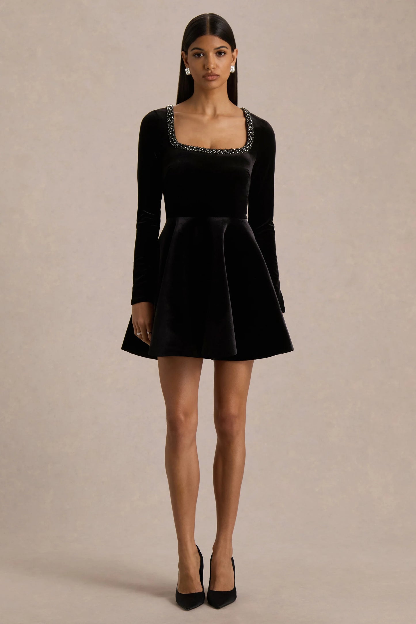 Beloved Black Velvet Embellished Square-Neck Mini Dress