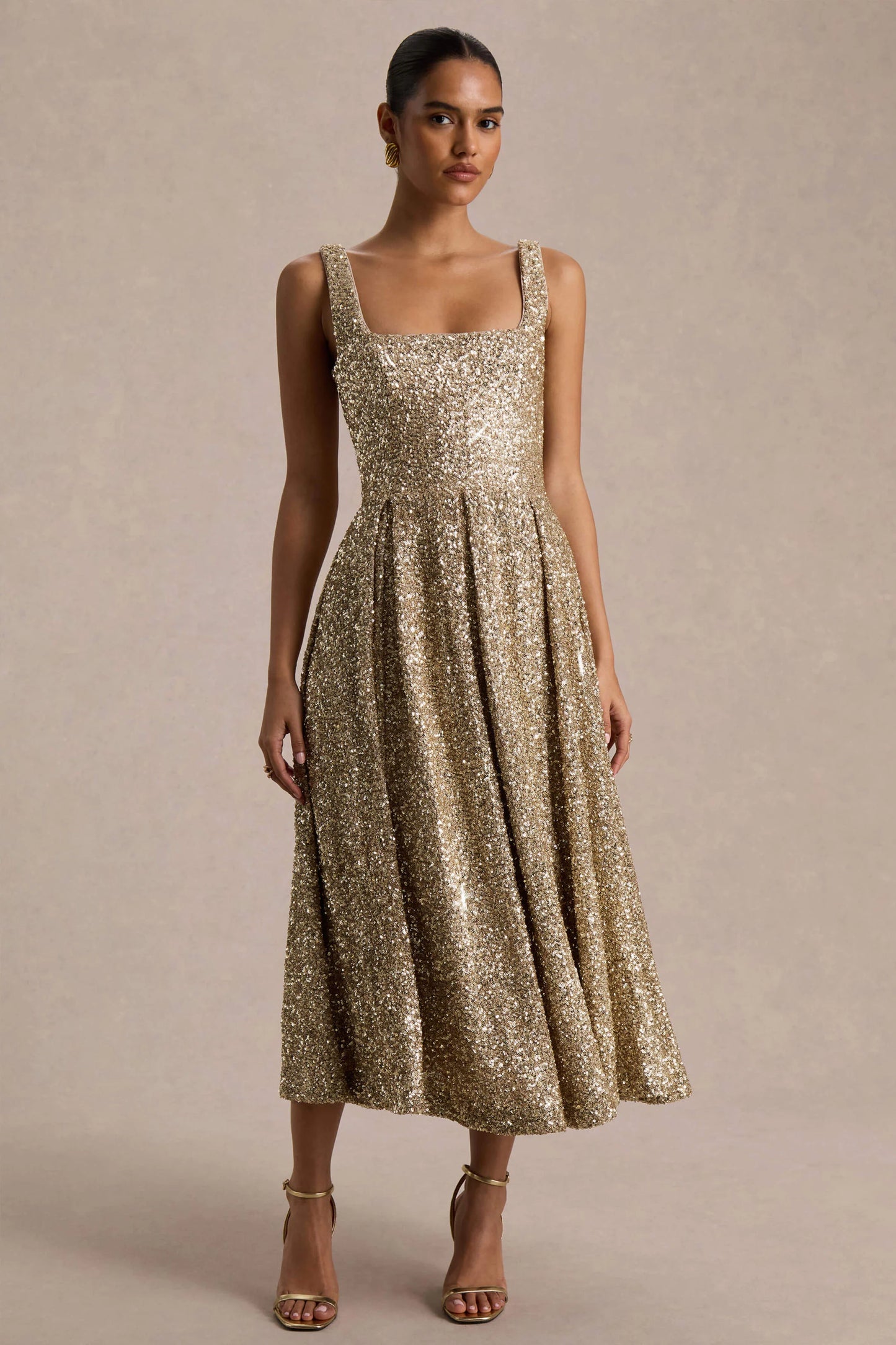 Lima Champagne Sequin Square-Neck A-Line Midi Dress