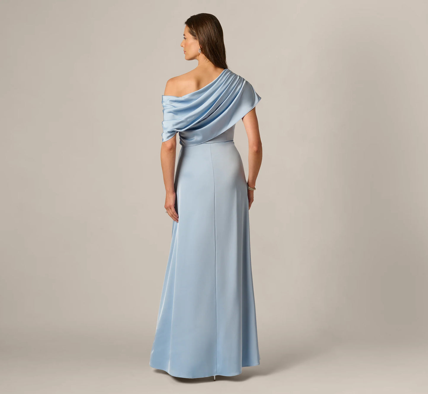 Asymmetrical Draped Neck Stretch Satin Gown In Elegant Sky