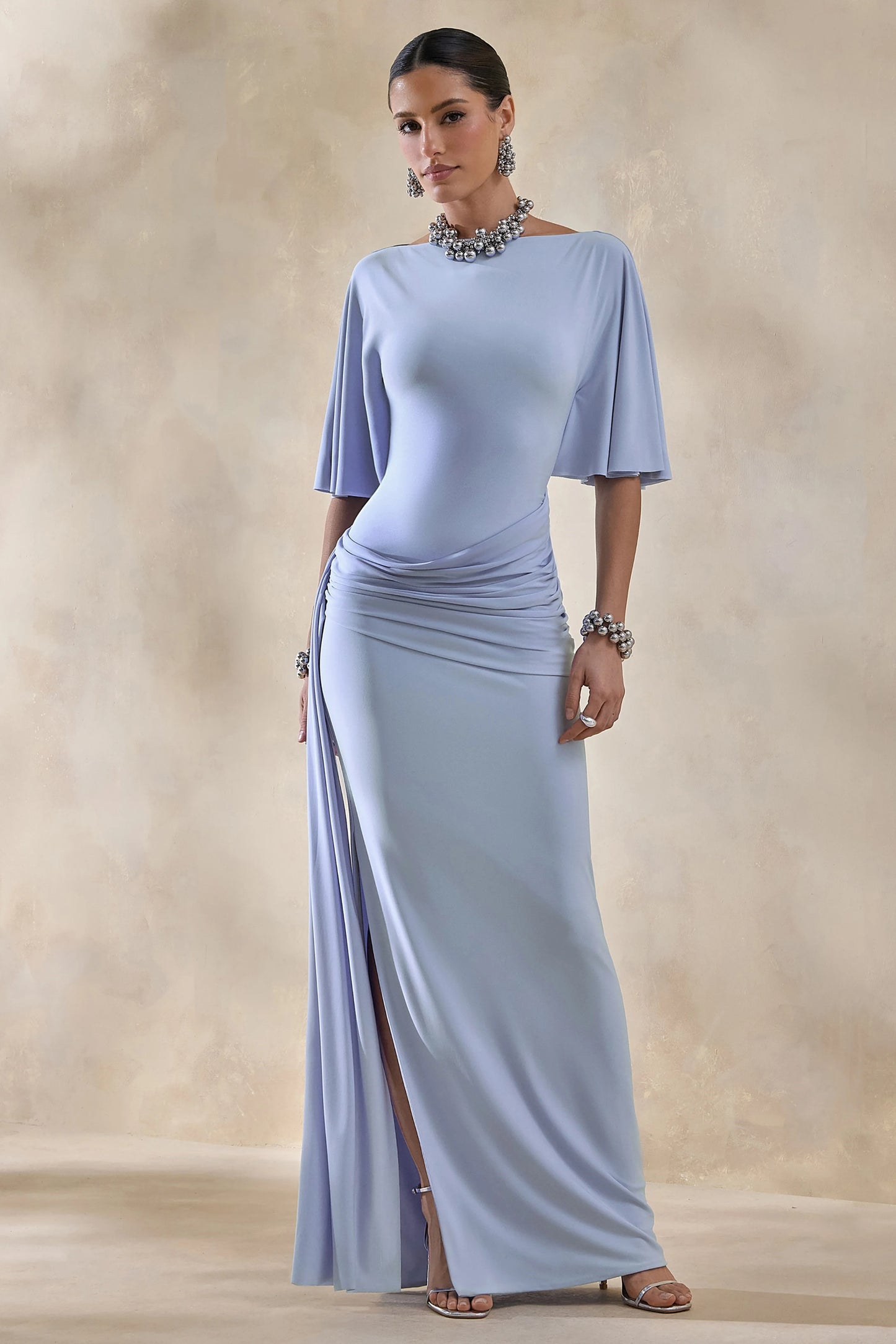 Emerelle Powder Blue Wide-Neck Maxi Dress With Sash And Draped-Detailing
