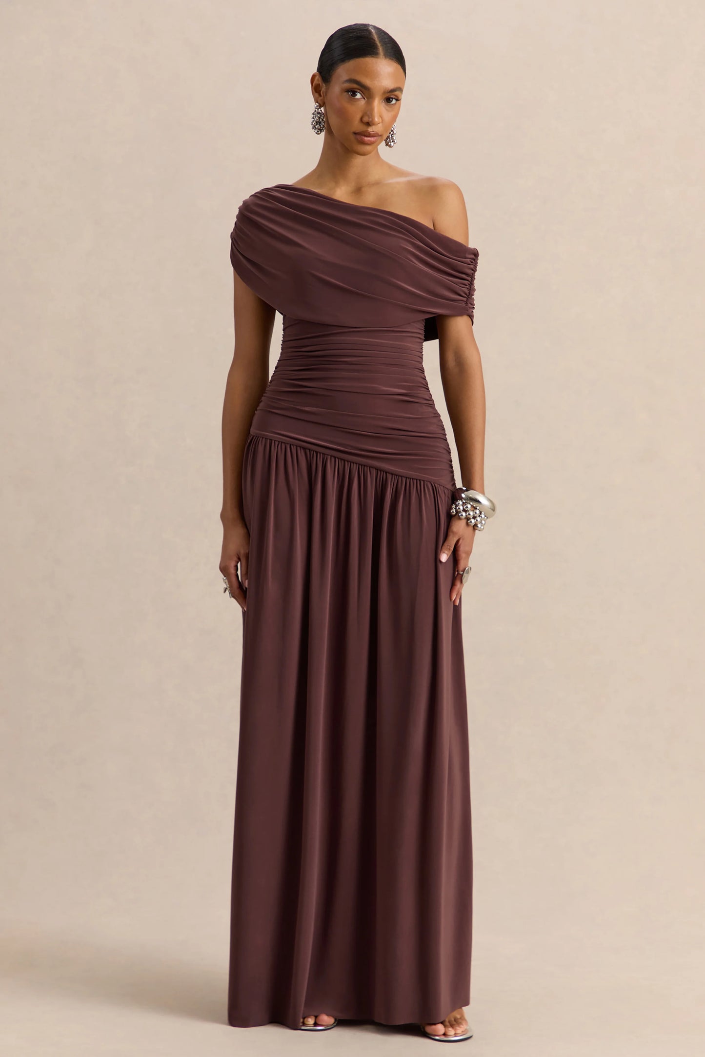 Emberly Brown Draped Asymmetric-Neck Maxi Dress With Drop-Waist