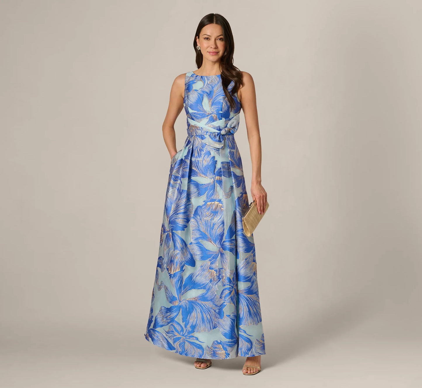 Metallic Iris Floral Organza Gown In Blue Multi