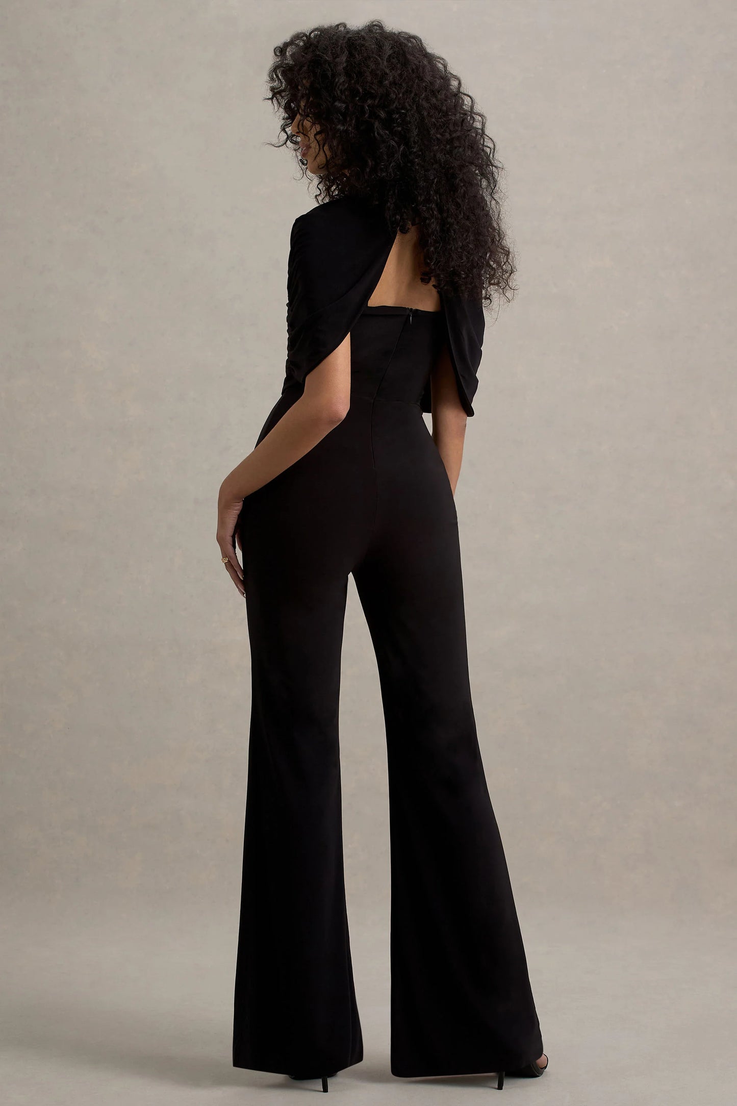 Isoline Black Twist Cape Flared-Leg Jumpsuit