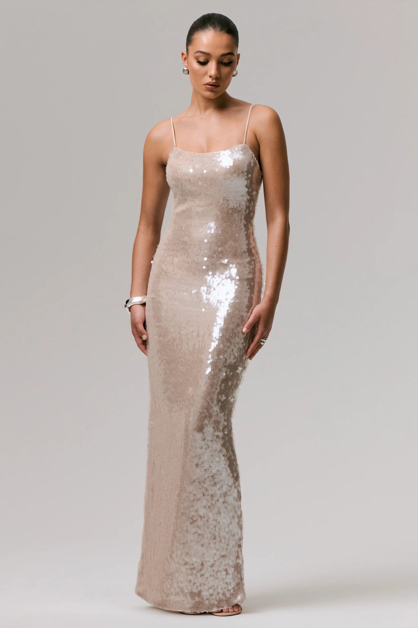 Vermont Nude Sequin Square-Neck Maxi Dress