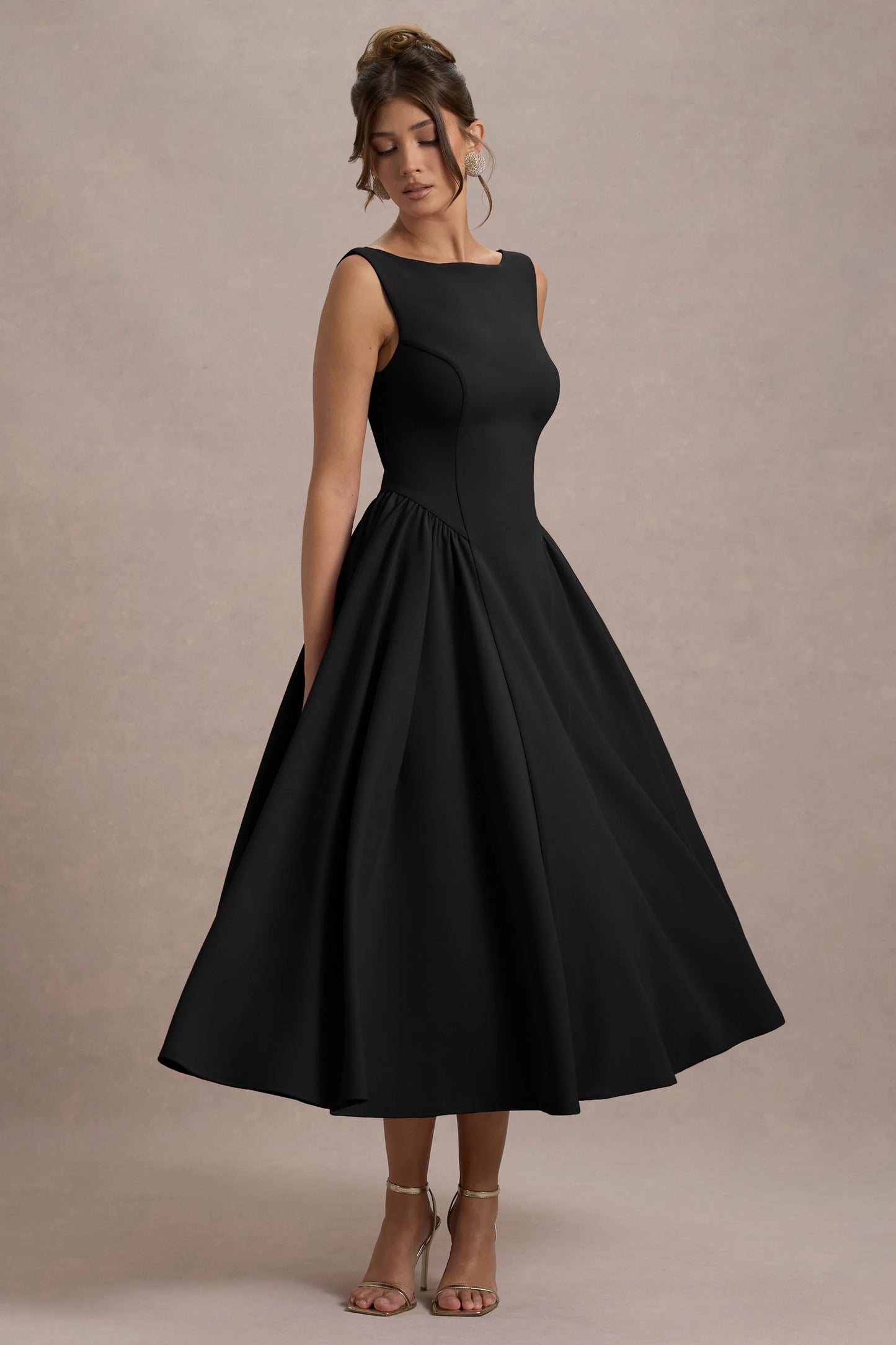 Muriel Black Boat-Neck Volume-Hem Midi Dress