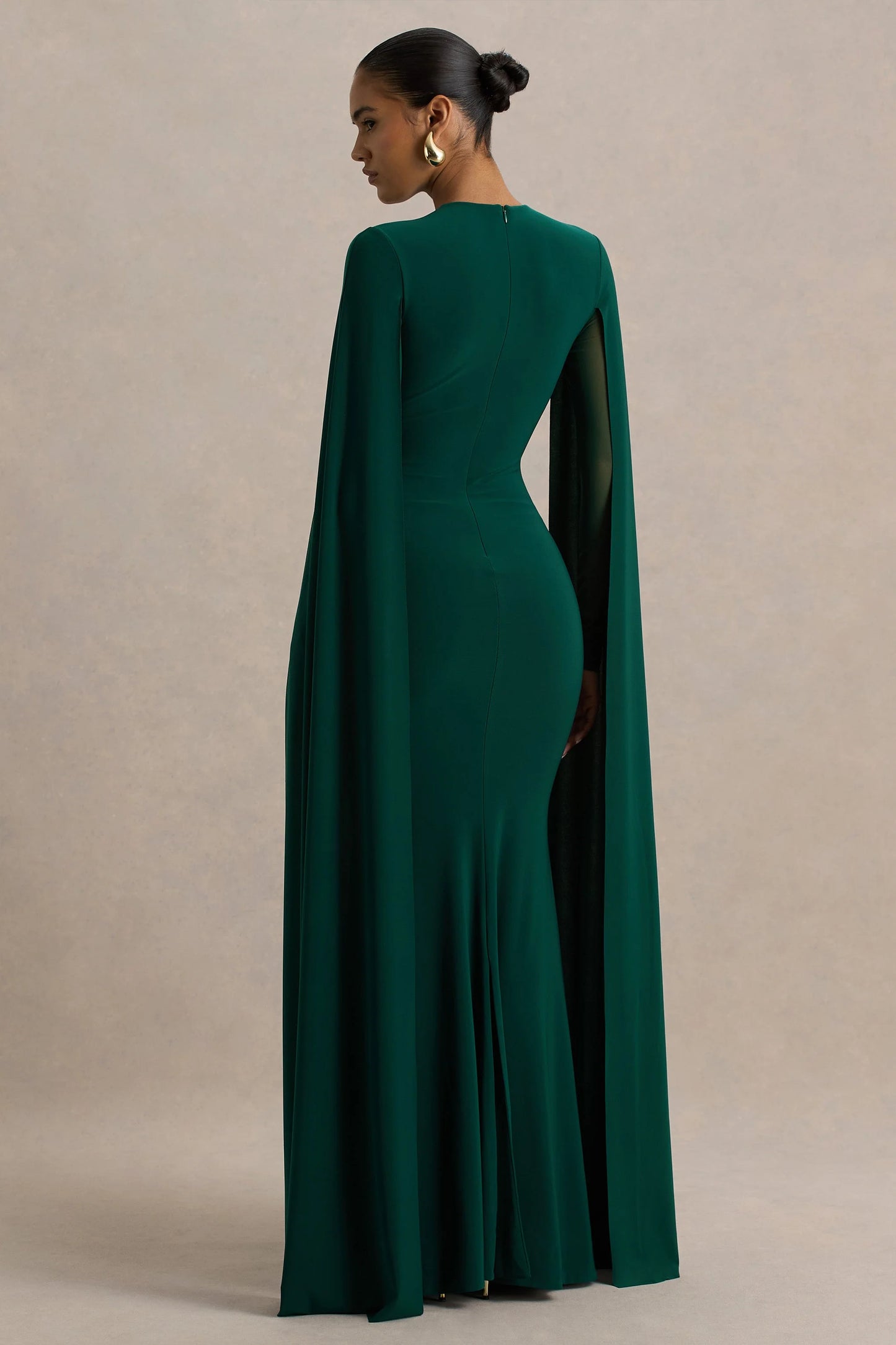 Isla Bottle Green Crew-Neck Maxi Dress With Cape Sleeve