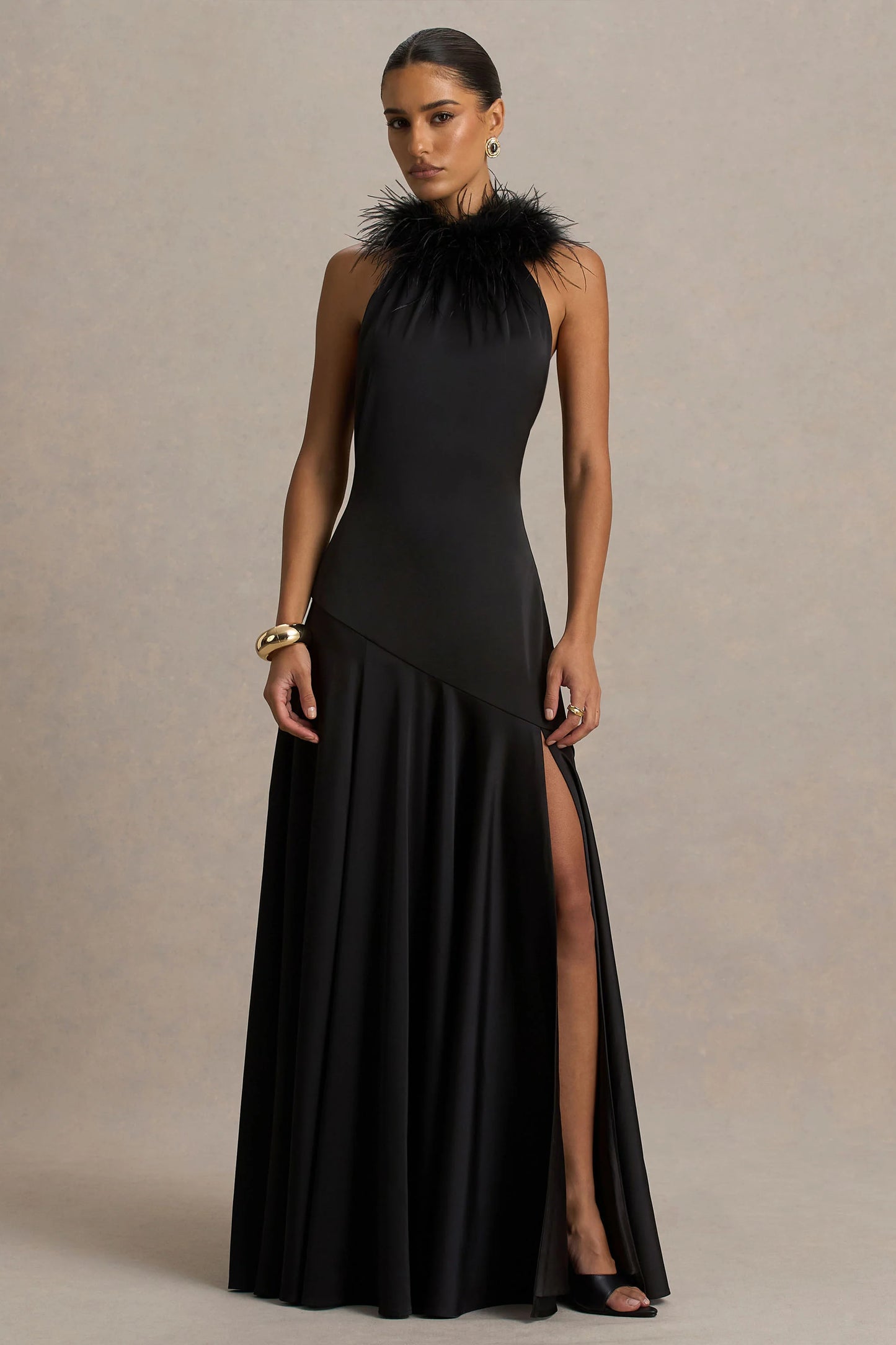 Jemima Black Satin Halter-Neck Maxi Dress With Feather Trim