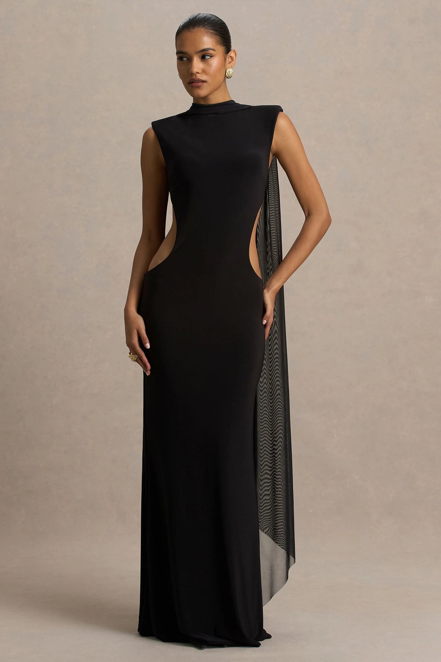 Katara Black High-Neck Maxi Dress With Body Cut-Out Details
