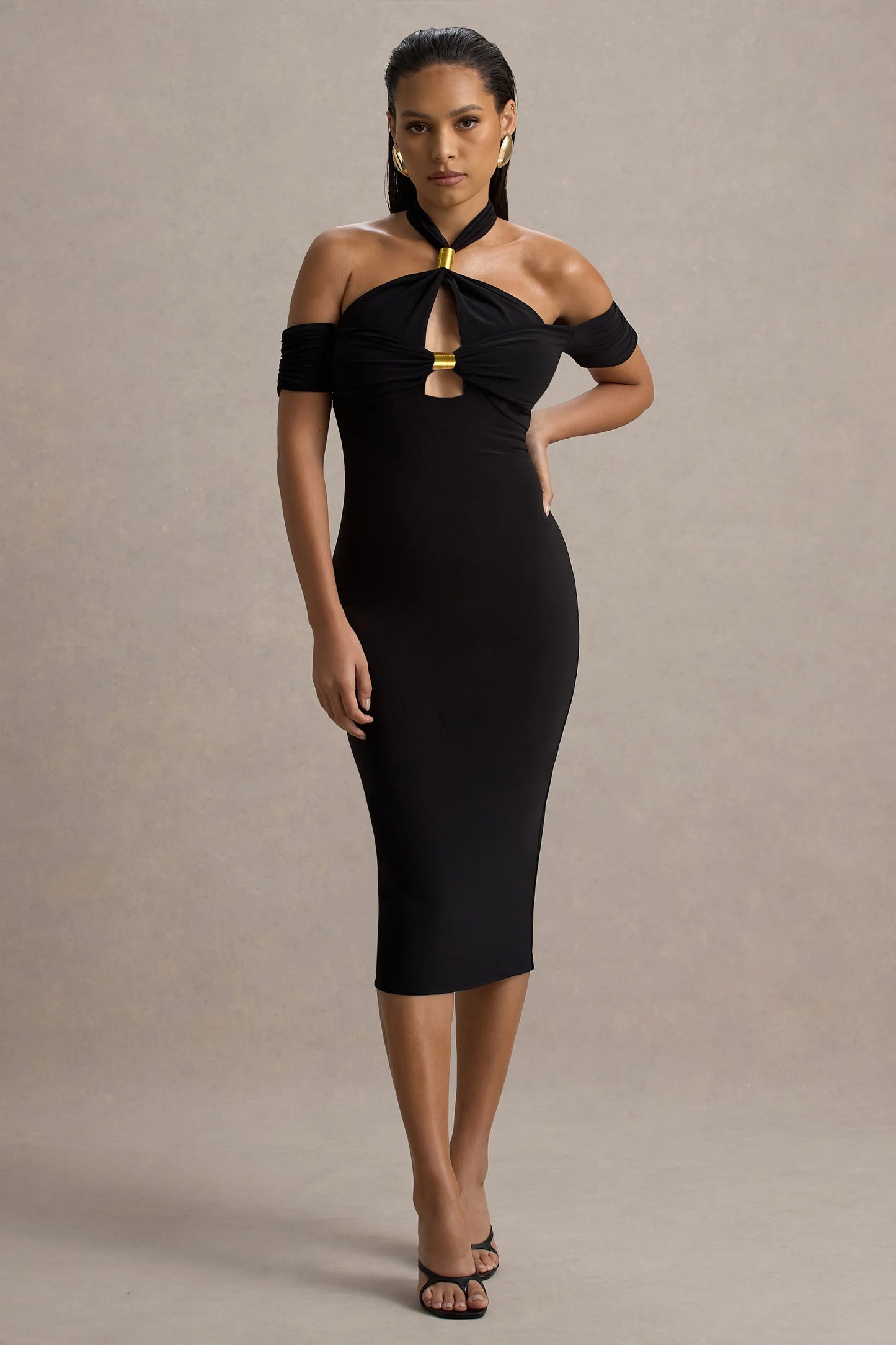 Selvina Black Cut-Out Halter-Neck Midi Dress