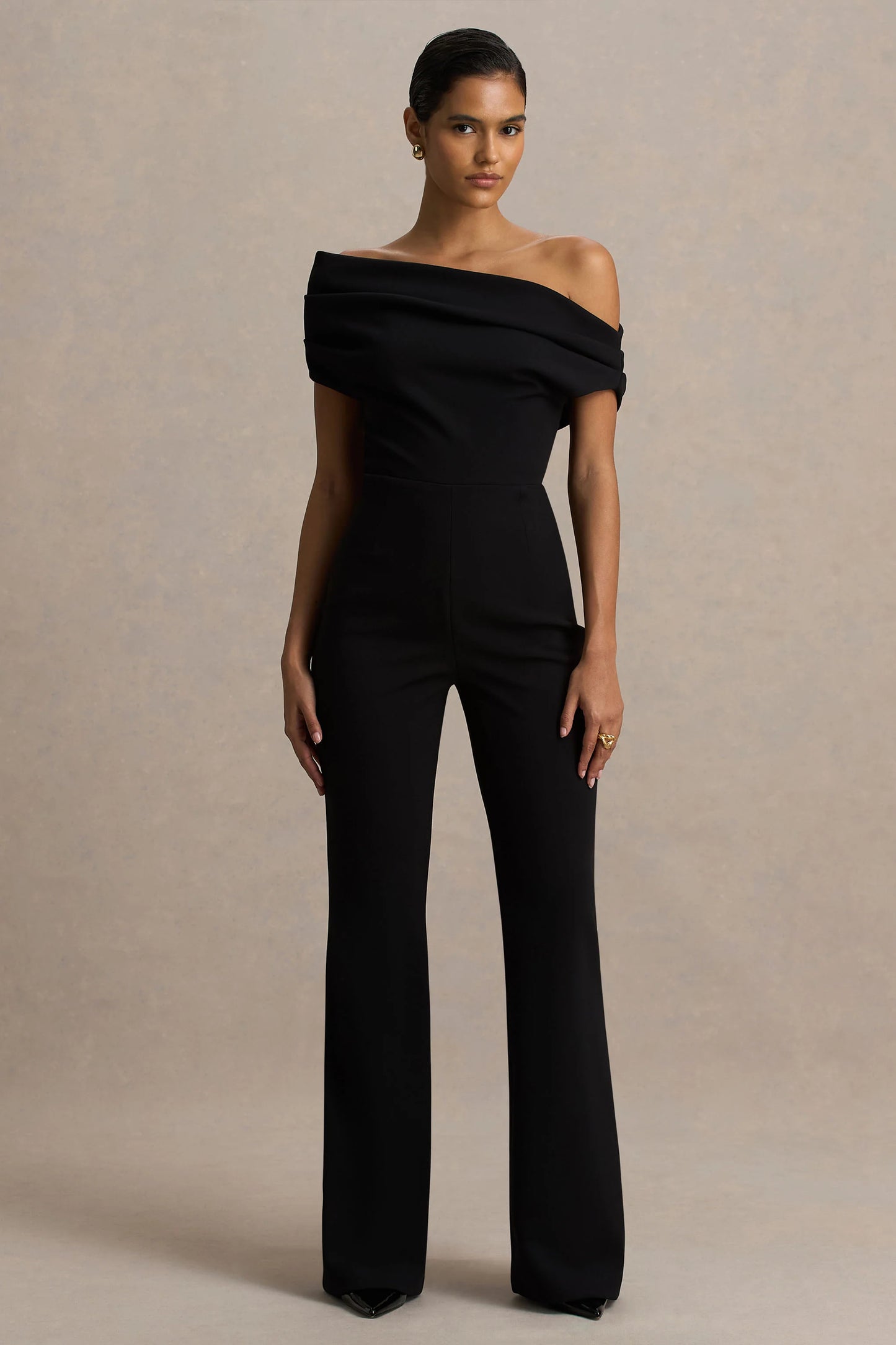 Alexandra Black Asymmetric-Neck Draped Jumpsuit