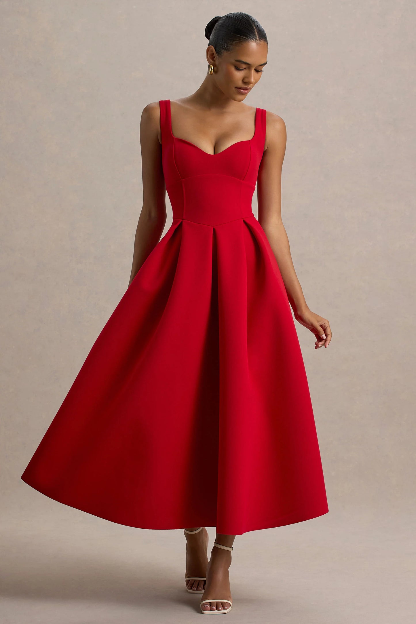 Rosemary Red Sweetheart-Neck Midi Dress