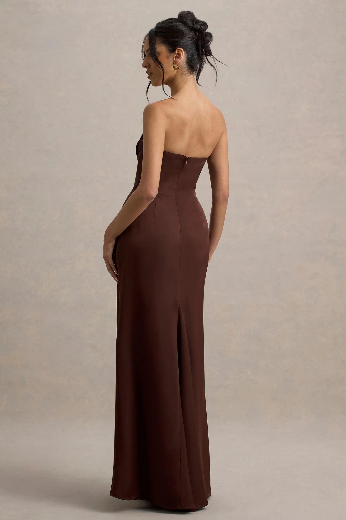 Mackenzie Brown Satin Plunge-Neck Draped Maxi Dress