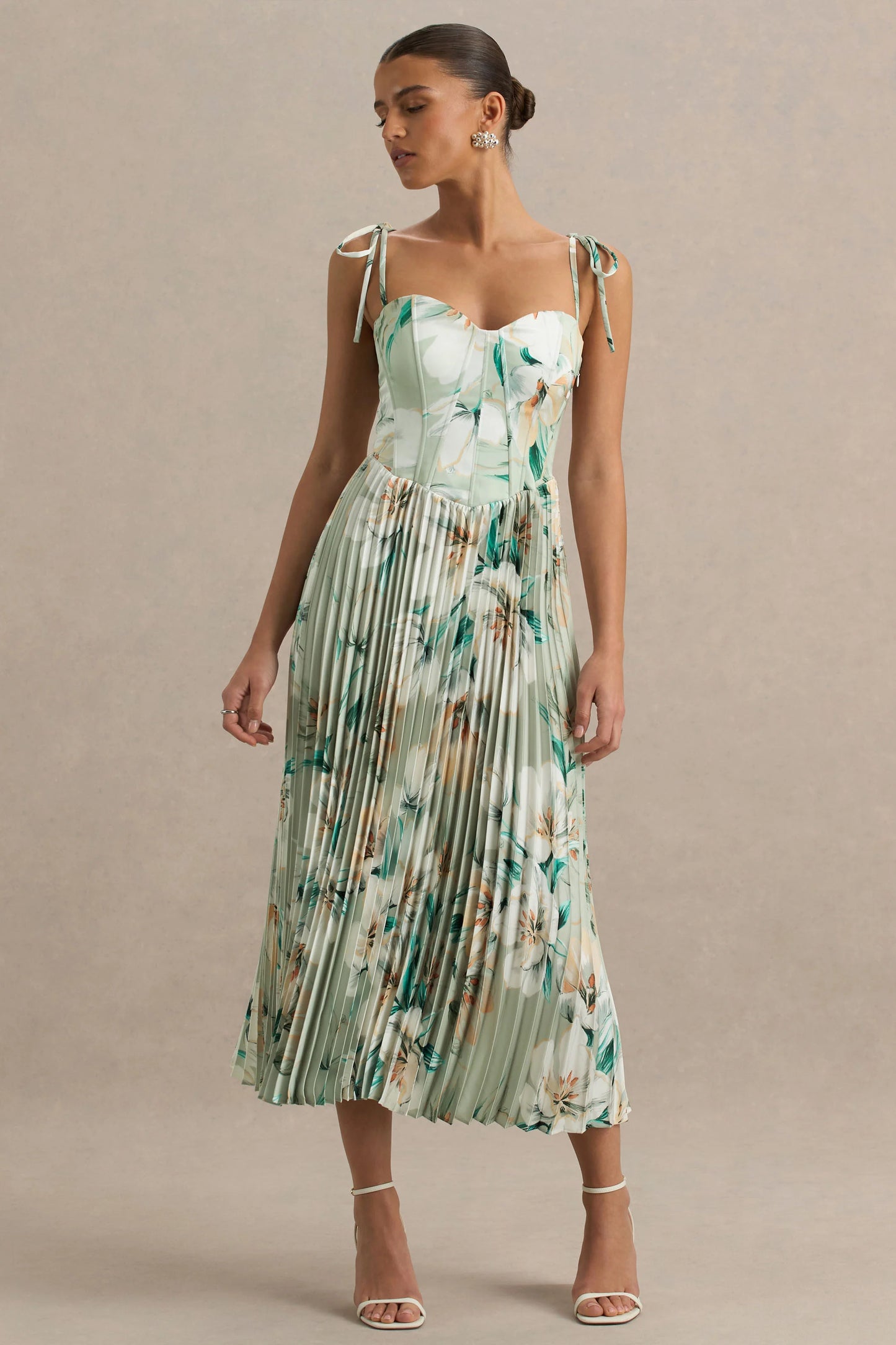 Peyton Green Floral Print Satin Sweetheart-Neck Midi Dress With Pleated Details