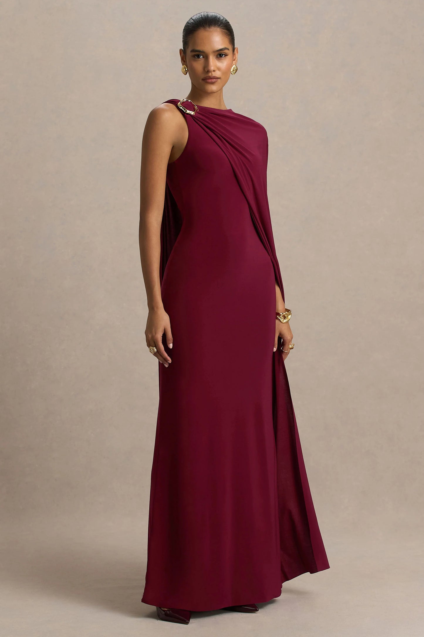 Cressida Burgundy Asymmetric-Neck Maxi Dress With Cape And Gold Detail