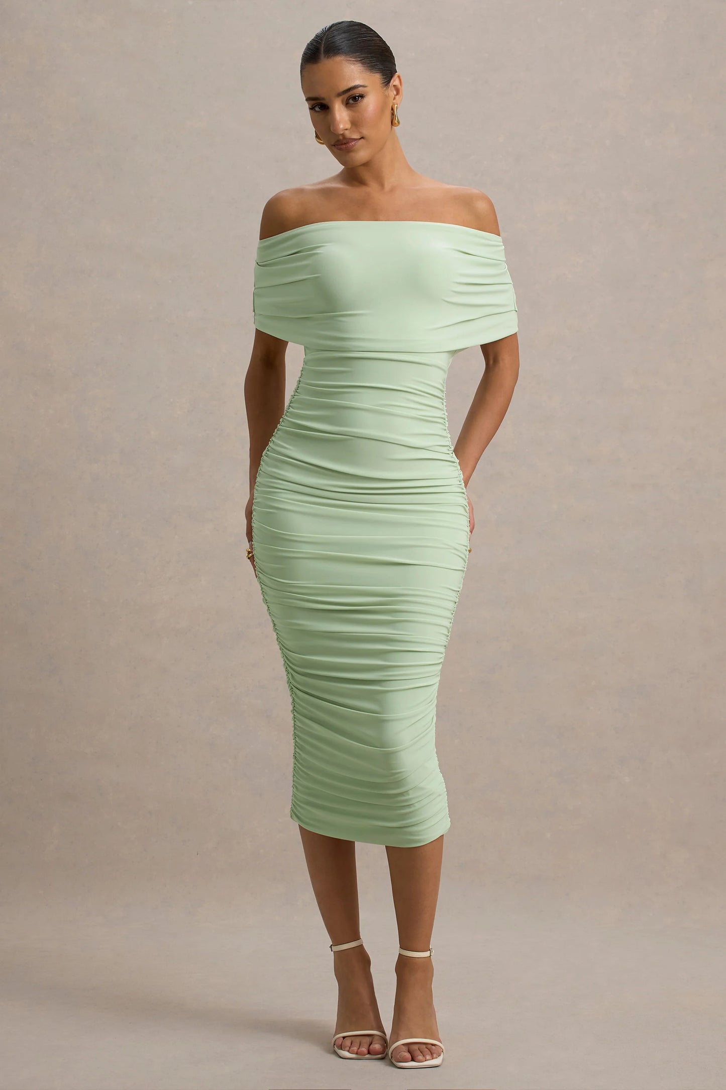 Rayleigh Light Green Bardot Ruched Midi Dress
