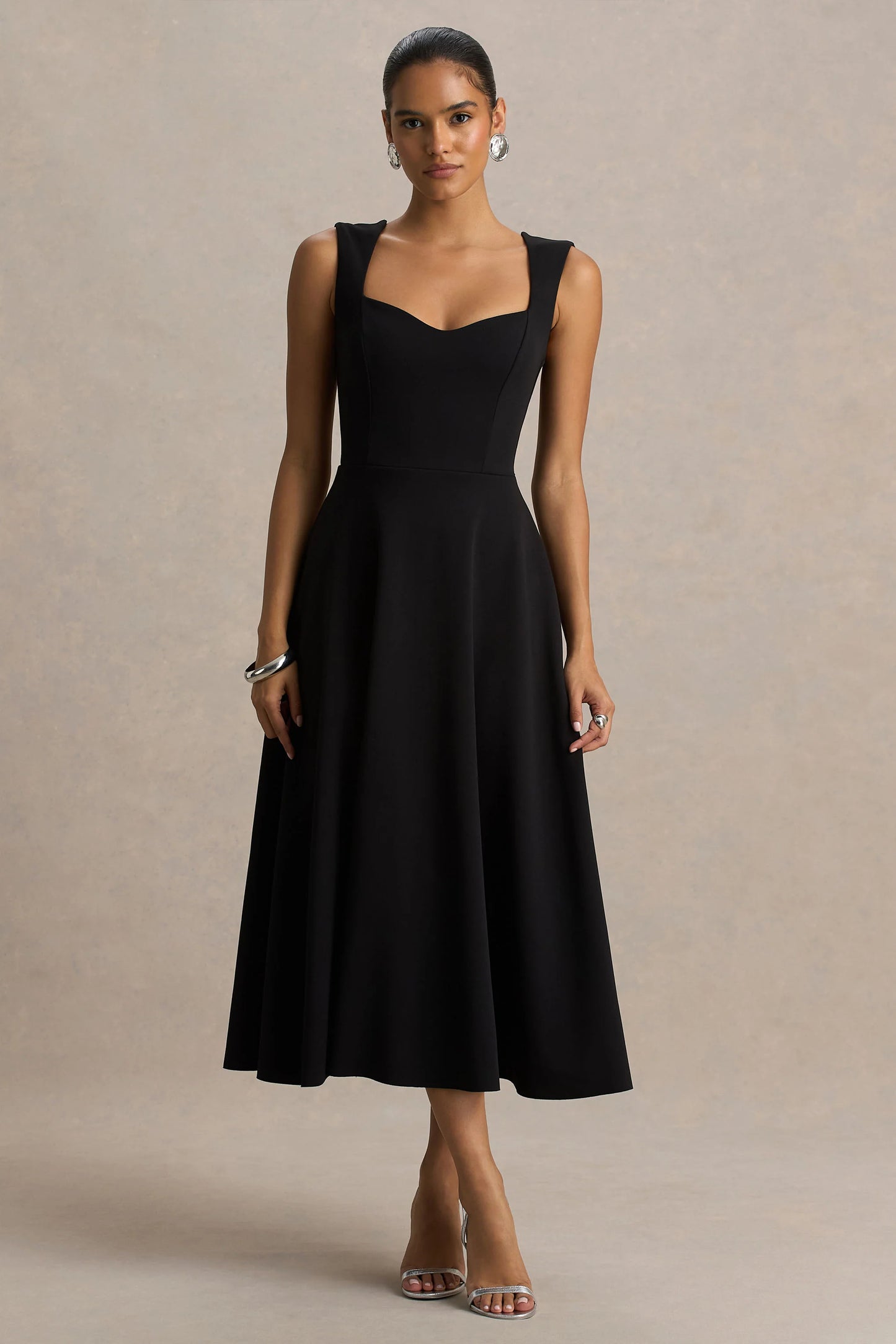 Andromeda Black Sweetheart-Neck Midi Dress