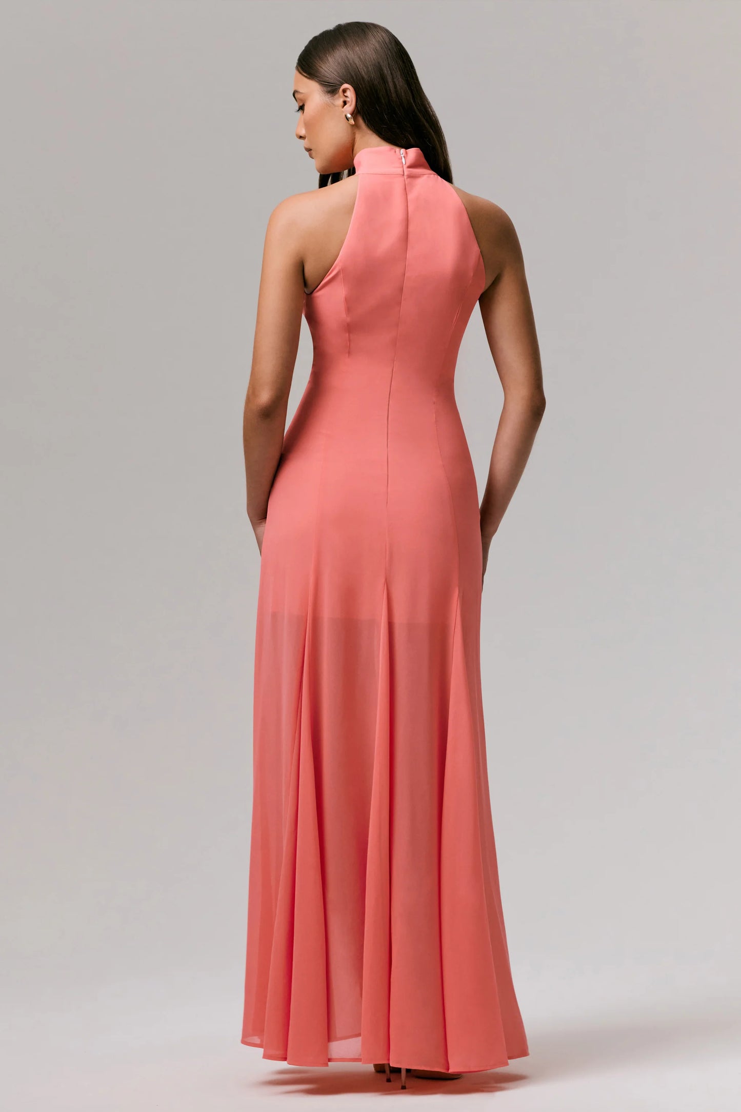 Just Like Magic Coral High-Neck Maxi Dress With Lace Detailing