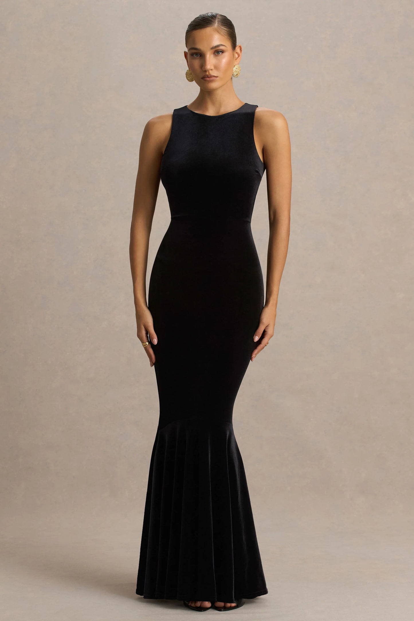 Pippa Black Velvet Crew-Neck Mermaid Maxi Dress