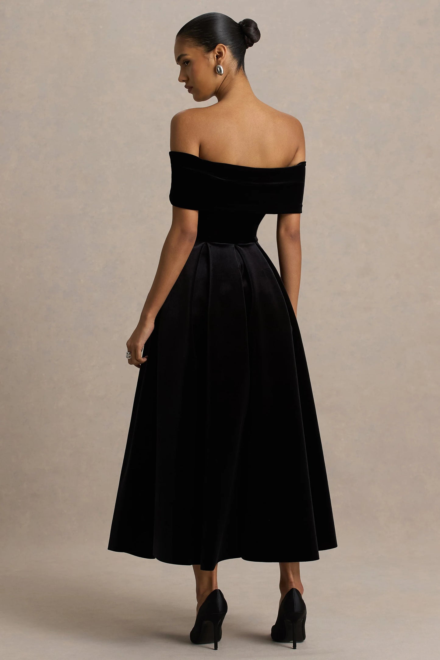 Ablaze Black Velvet Bardot-Neck Midi Dress