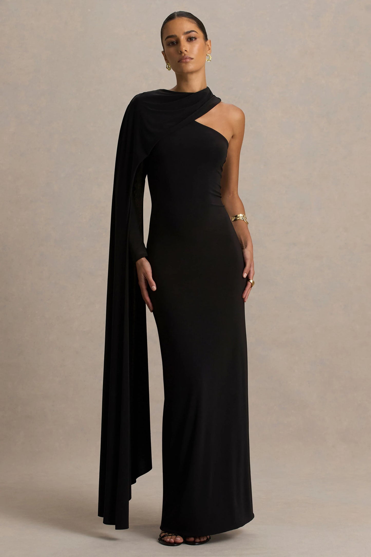 Dawn Black High-Neck Maxi Dress With One Long Cape-Sleeve
