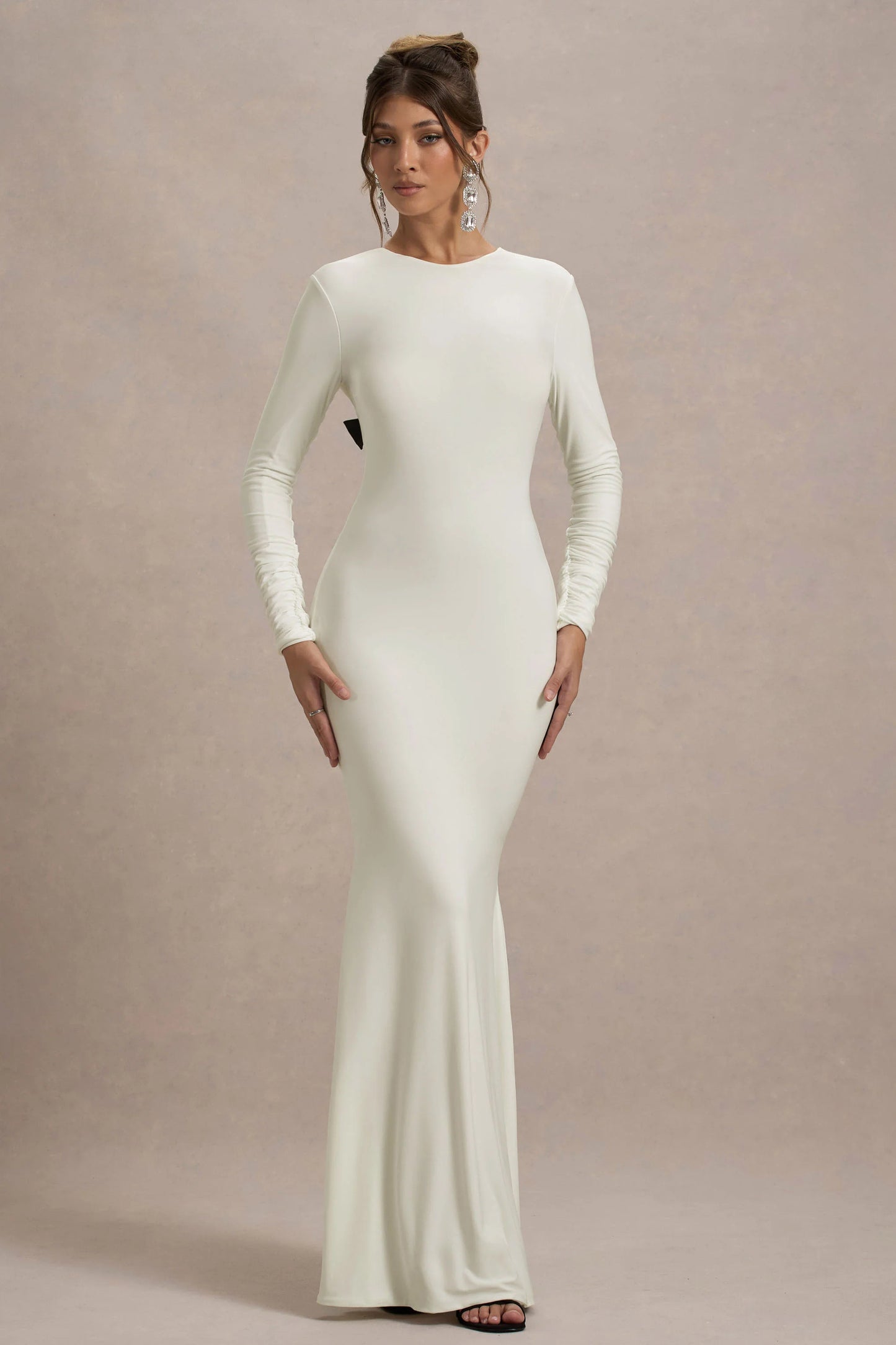 Rosalee Cream Long-Sleeve Cowl-Back Maxi Dress With Bows