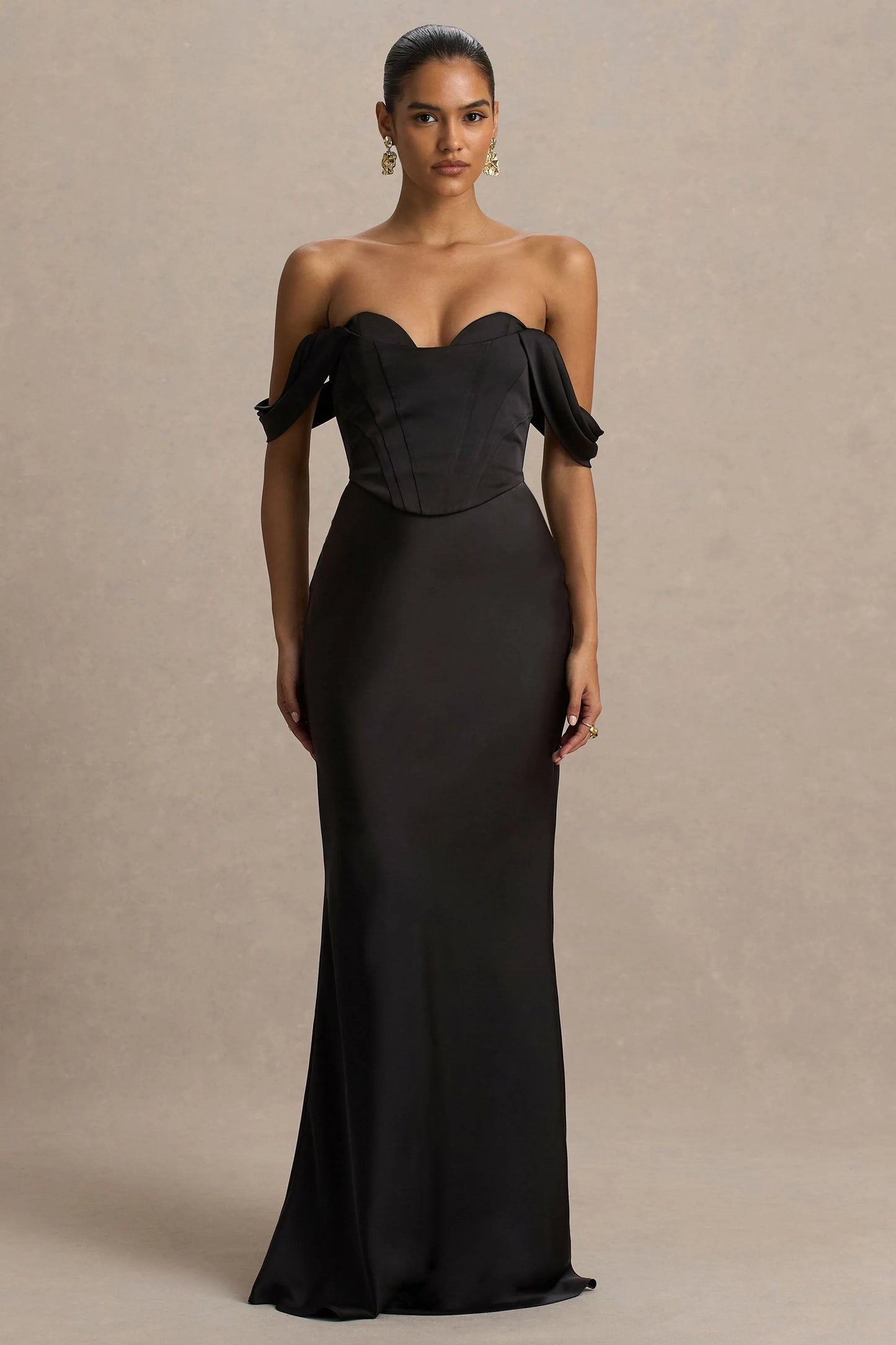 Perenna Black Satin Sweetheart-Neck Maxi Dress With Draped-Sleeves