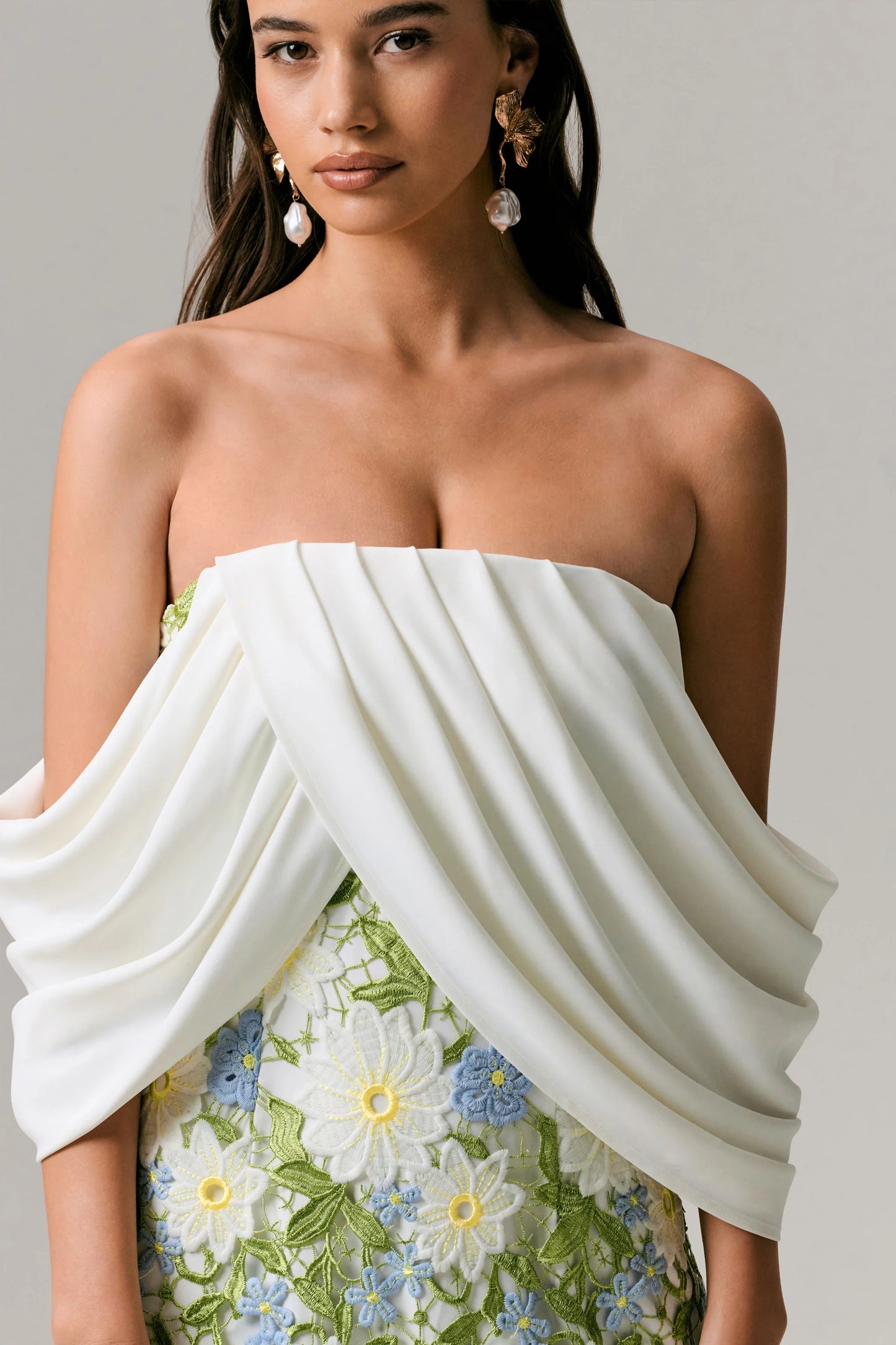 Entitled Cream Floral Lace Bardot Midi Dress