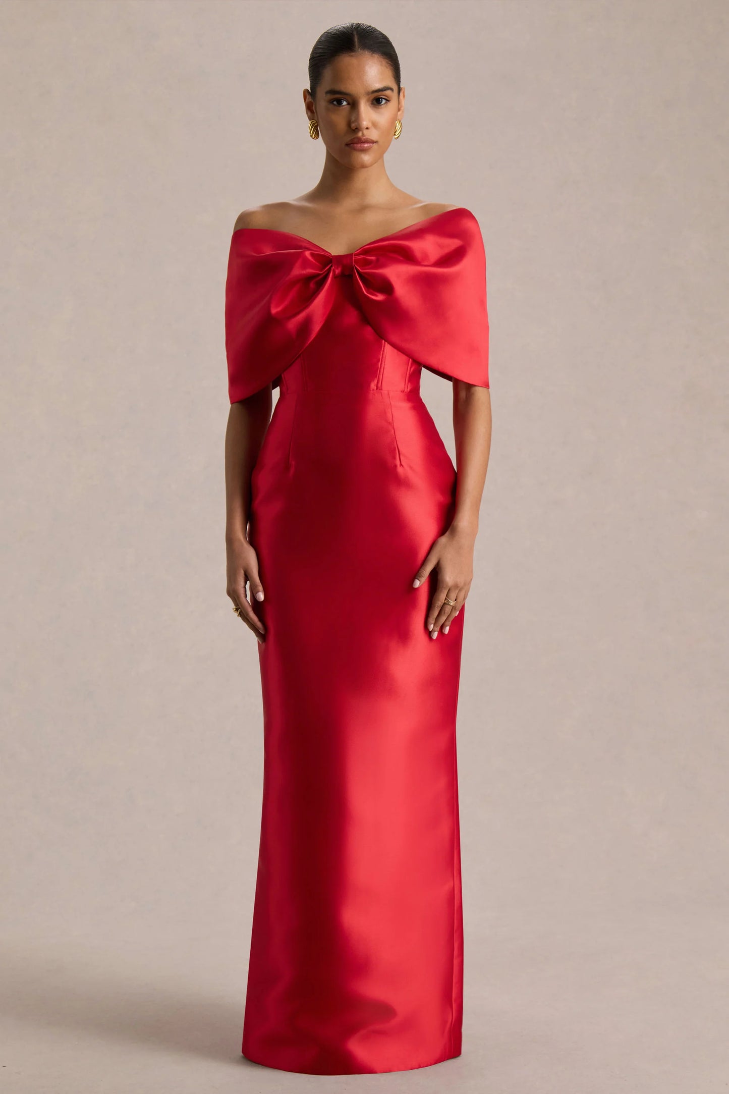 Wanting More Red Satin Cape Maxi Dress With Oversized Bow