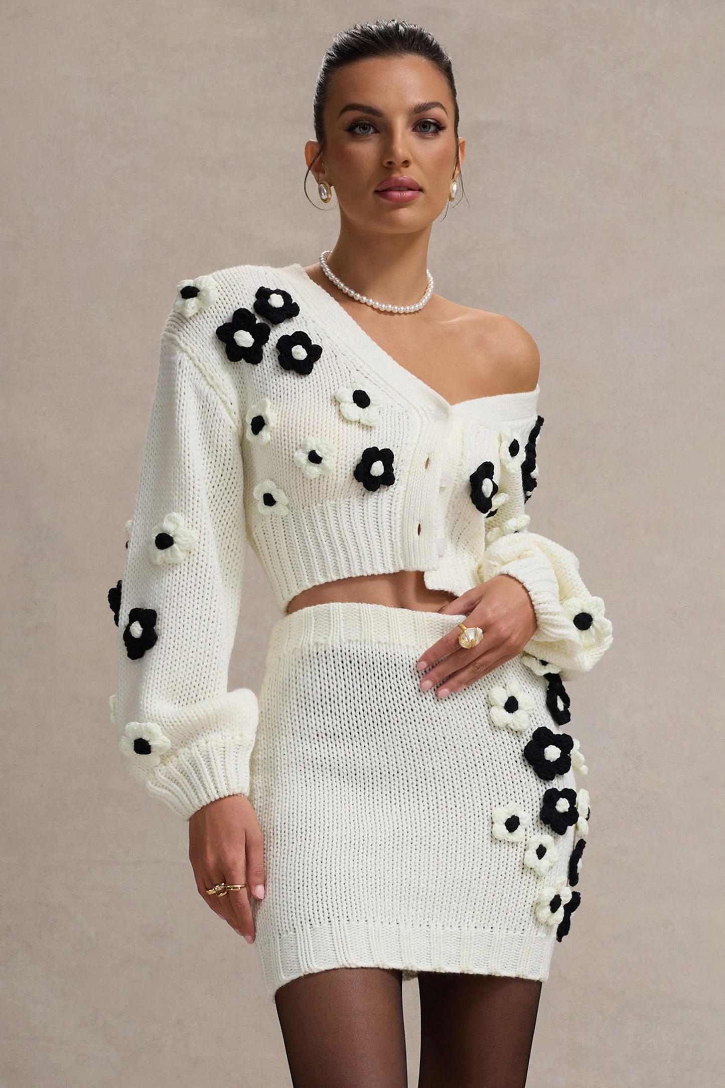 Louvre Cream & Black Knit Cropped Floral Cardigan