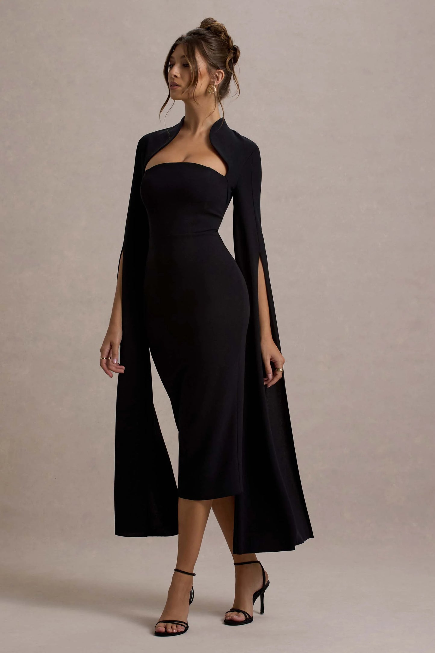 Linden Black Bodycon Cape-Sleeve Midi Dress