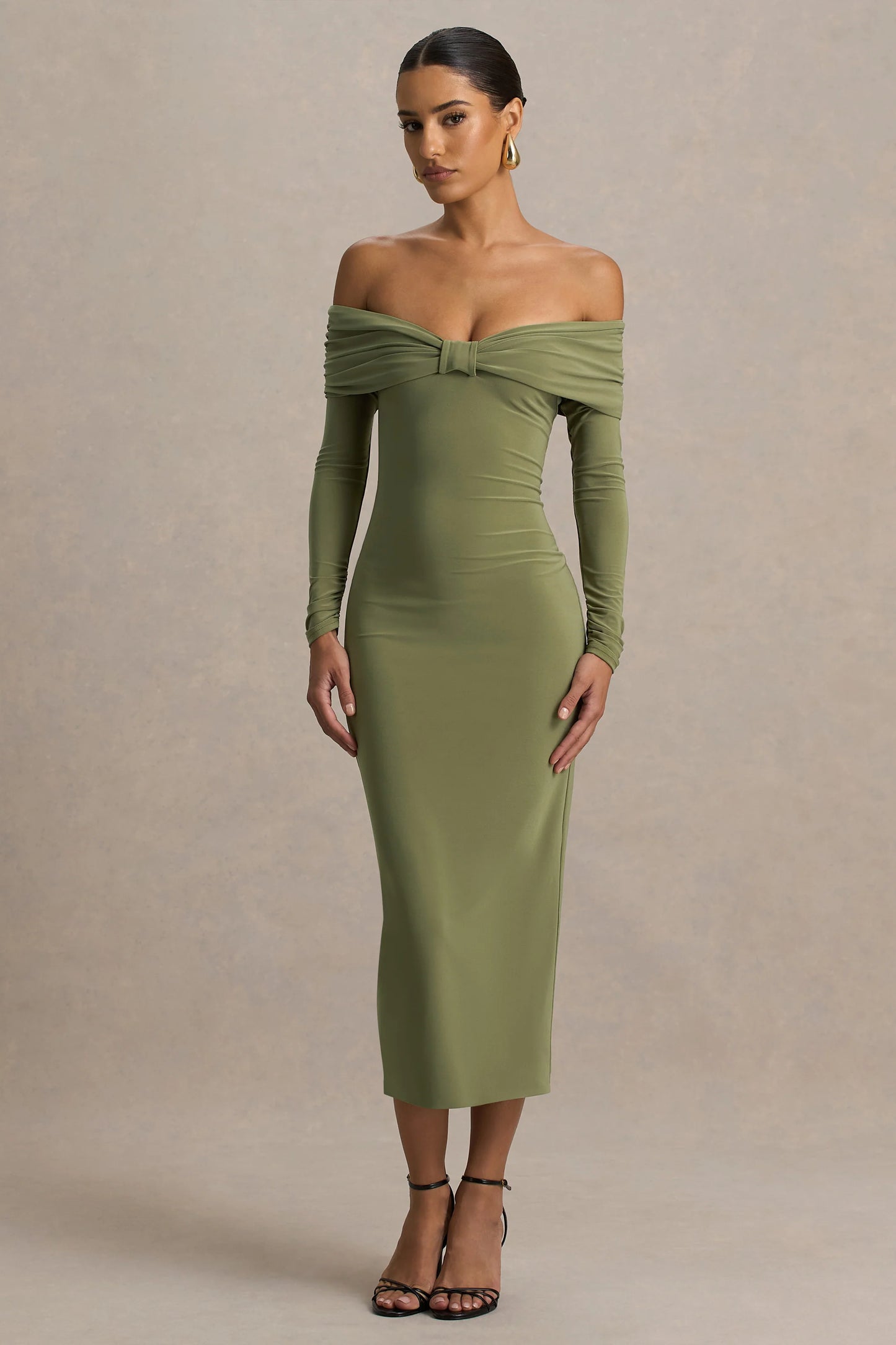 Spark Olive Bardot-Neck Midi Dress With Bow Detail