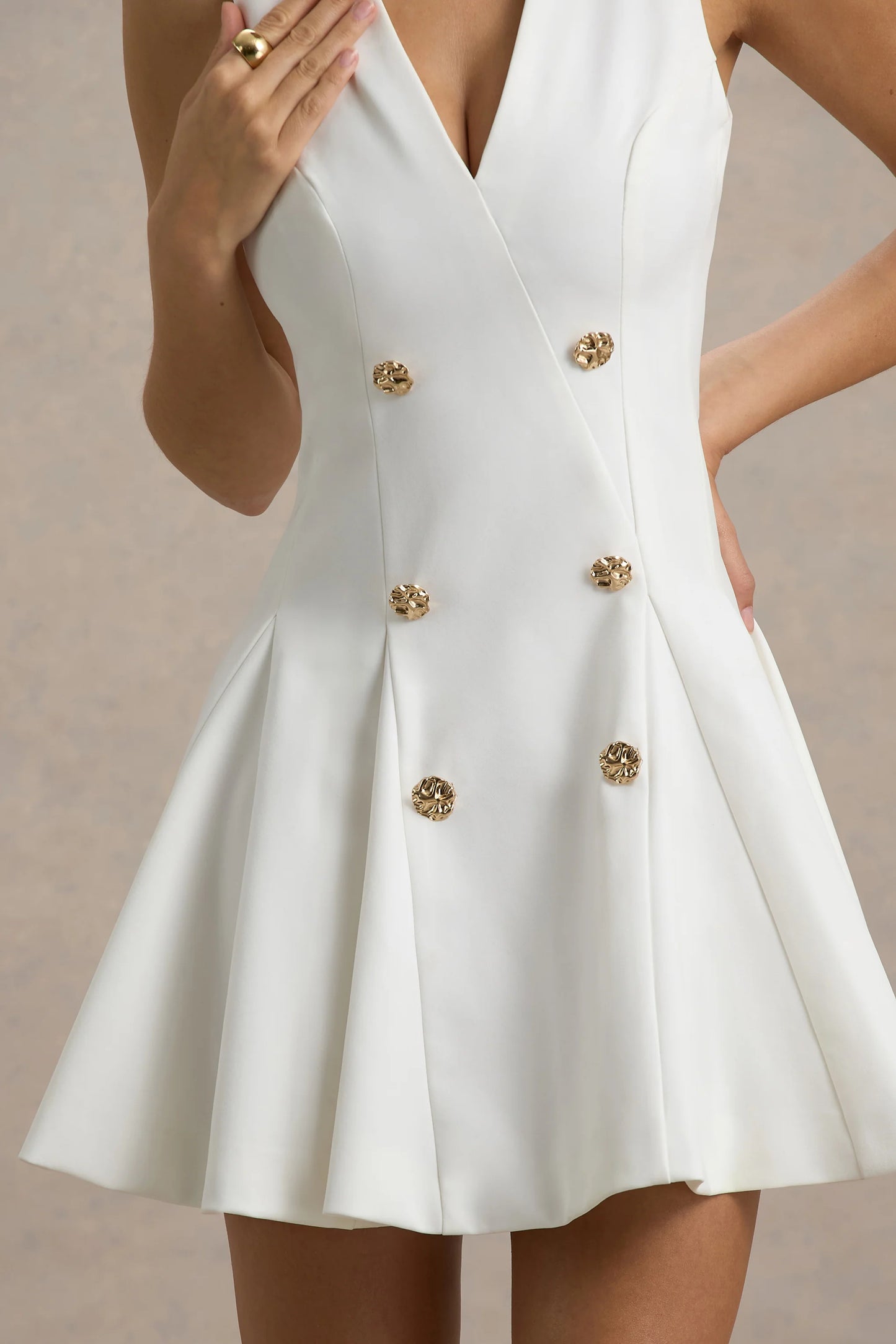 Collette White Tailored Plunge-Neck Mini Dress