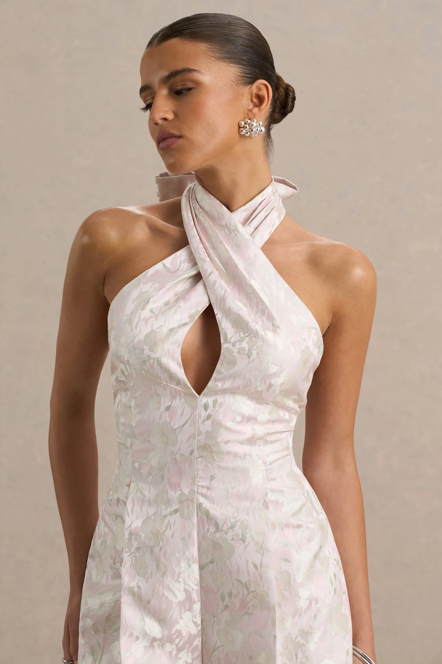 Sharie Cream Floral Print Jacquard Halter-Neck Playsuit With Cut-Out Detail