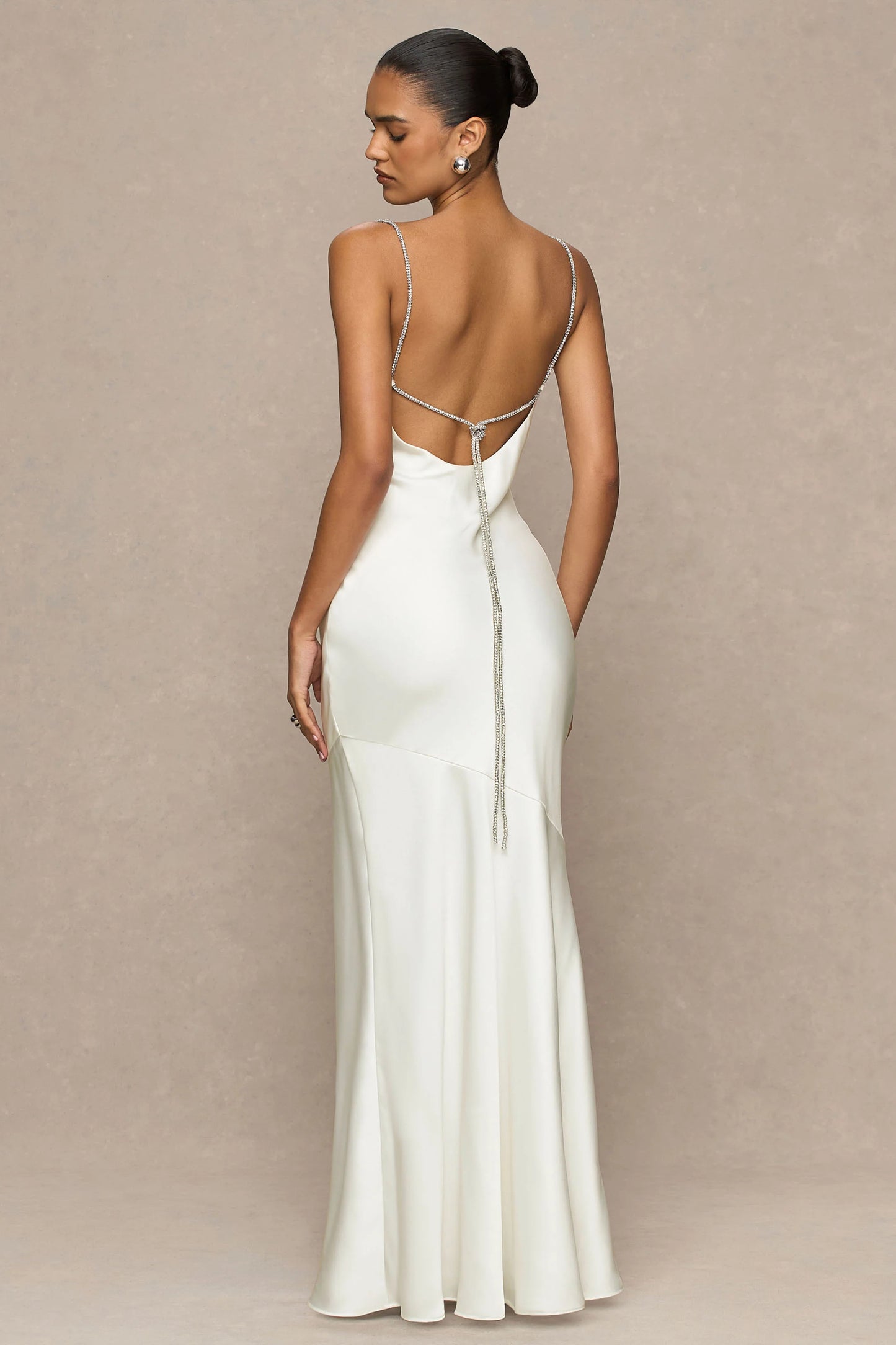 Maelia Cream Satin Cowl-Neck Maxi Dress With Diamante Straps