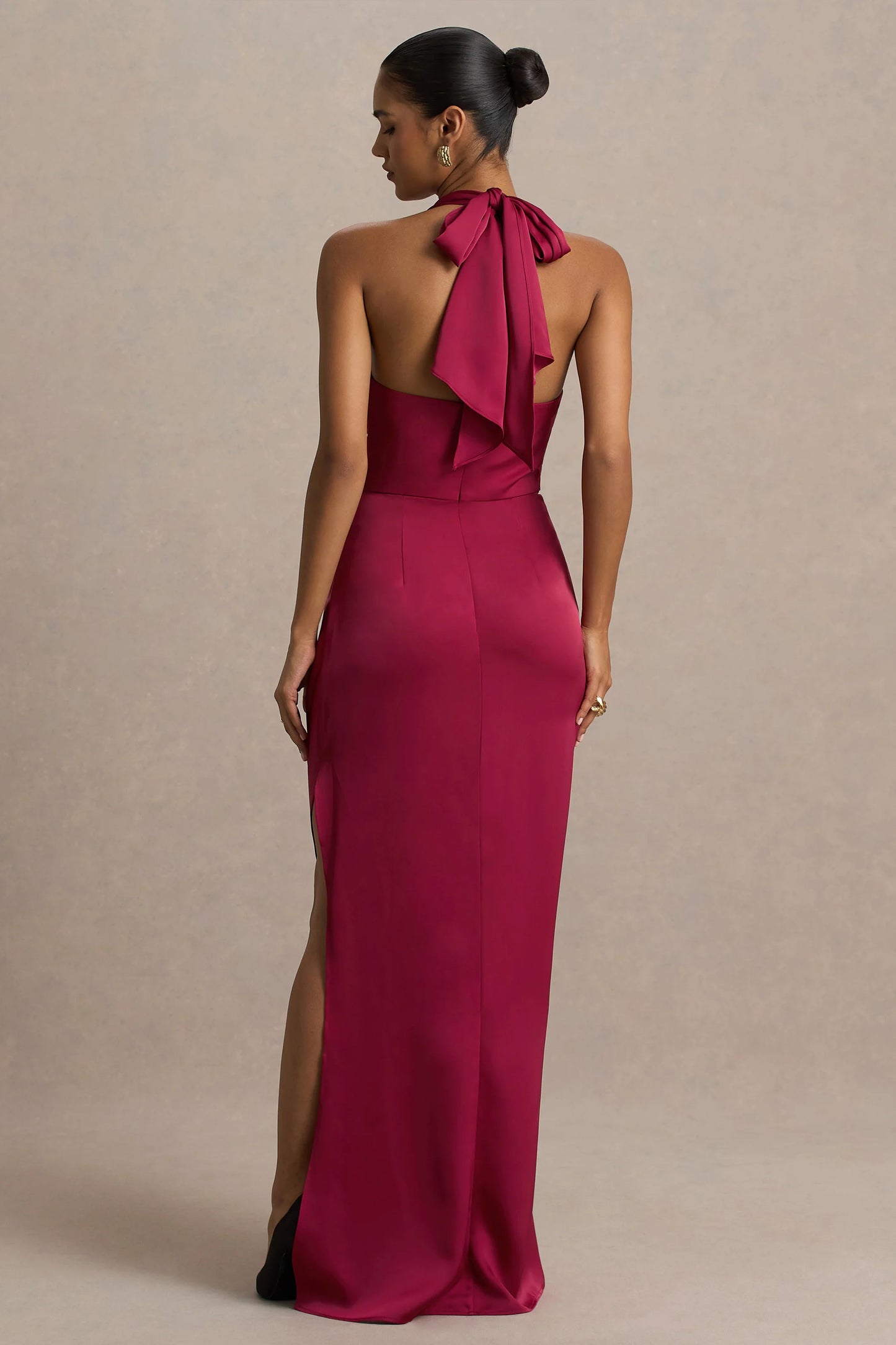 Lynette Burgundy Satin Plunge-Neck Maxi Dress With Asymmetric Hem