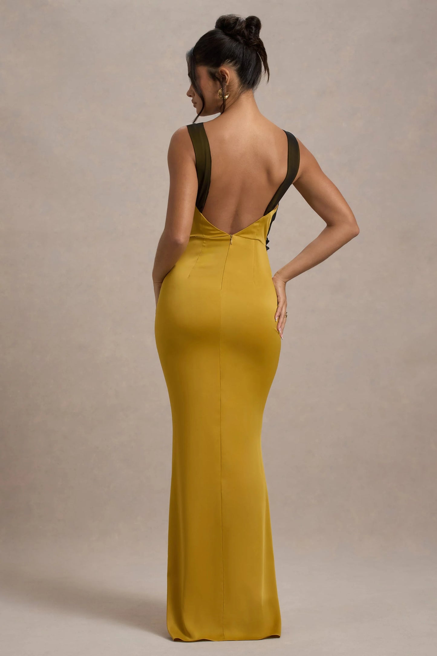 Sahara Mustard Satin V-Neck Maxi Dress With Black Lace Trim