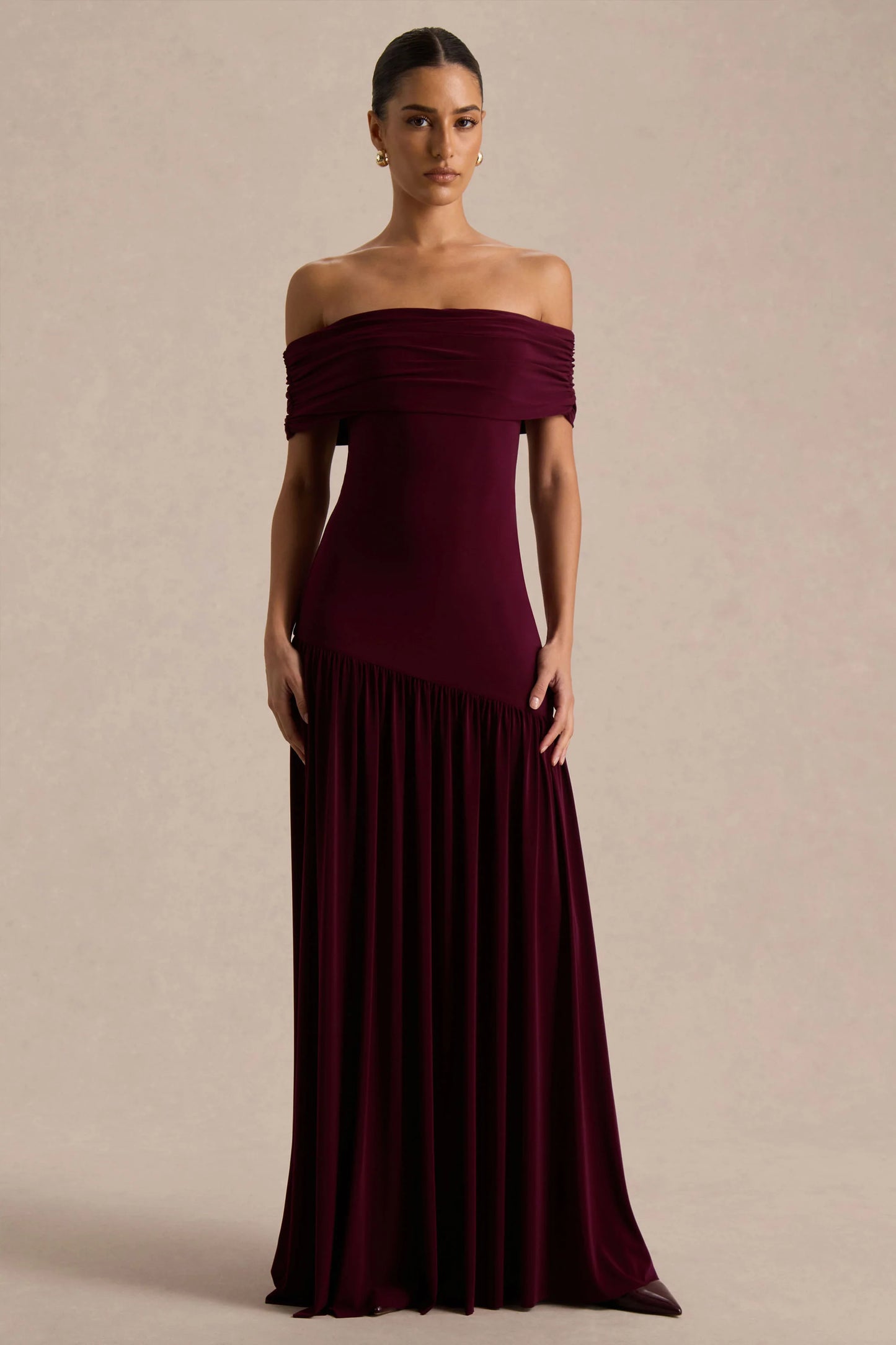 Venezia Burgundy Bardot Maxi Dress With Drop-Waist