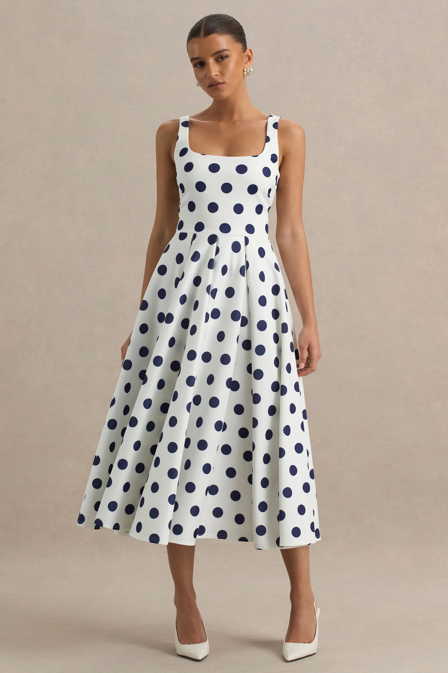 Berta White And Navy Polka-Dot Square-Neck Midi Dress